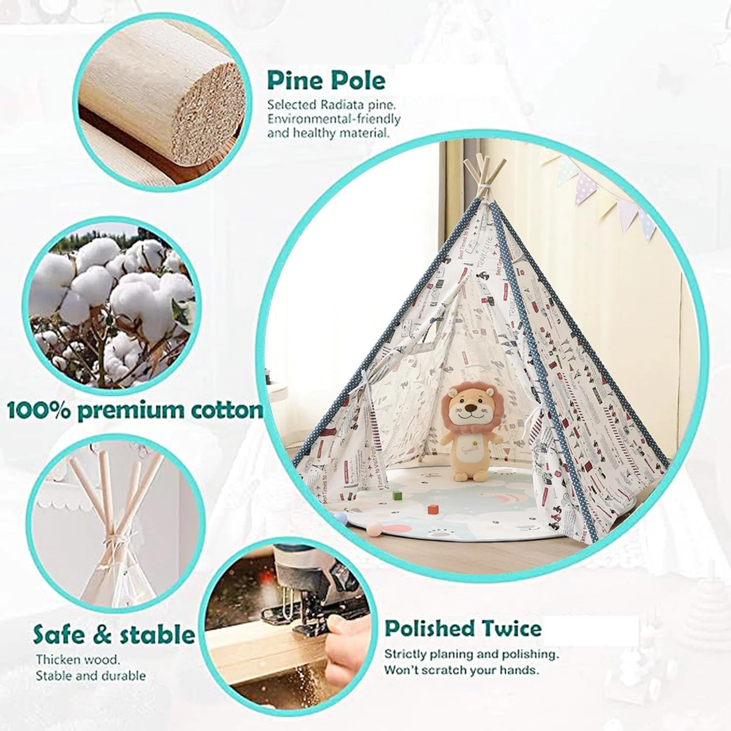 چادر تیپی کودکانه با چراغ، اسباب بازی آتش بازی و کیف حمل، چادر بوم پنبه ای طبیعی کودک نوپا - چادر تیپی تاشو و قابل شستشو برای کودکان، چادر بازی سرپوشیده و فضای باز برای کودکان (حروف گرافیکی سفید 160 سانتی متر)