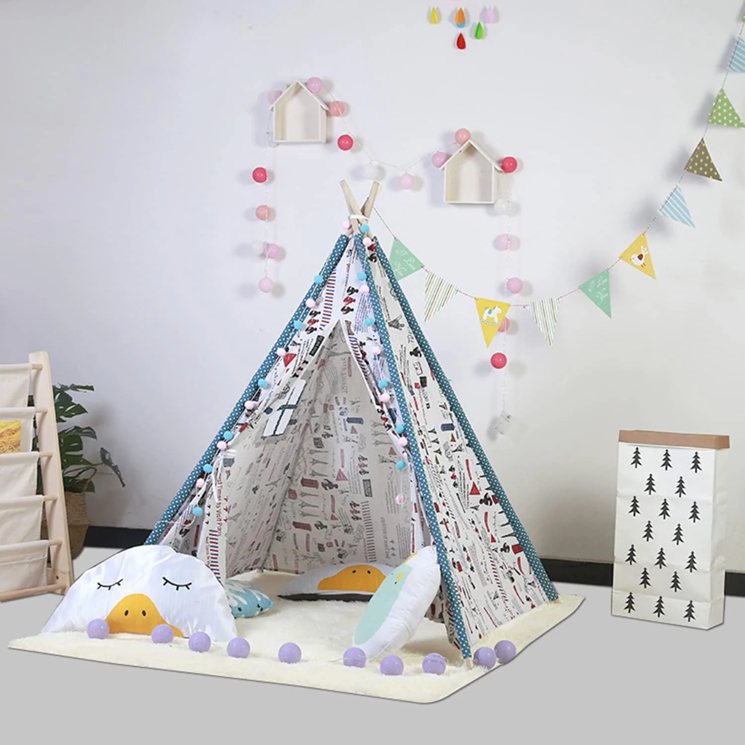 چادر تیپی کودکانه با چراغ، اسباب بازی آتش بازی و کیف حمل، چادر بوم پنبه ای طبیعی کودک نوپا - چادر تیپی تاشو و قابل شستشو برای کودکان، چادر بازی سرپوشیده و فضای باز برای کودکان (حروف گرافیکی سفید 160 سانتی متر)