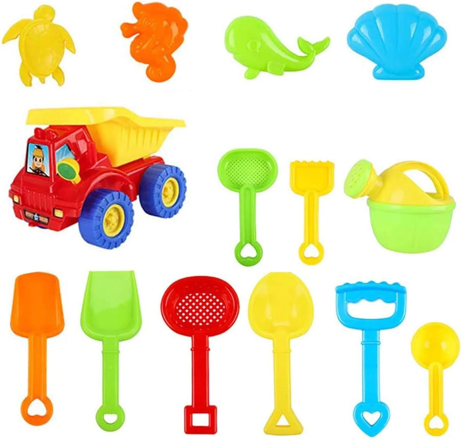 مجموعه 14 تکه اسباب بازی ساحلی برای کودکان، اسباب بازی های گودال شن و ماسه تابستانی، ابزار بازی شن و ماسه کودکان، قلعه ساحلی در فضای باز تابستانی و اسباب بازی حمام