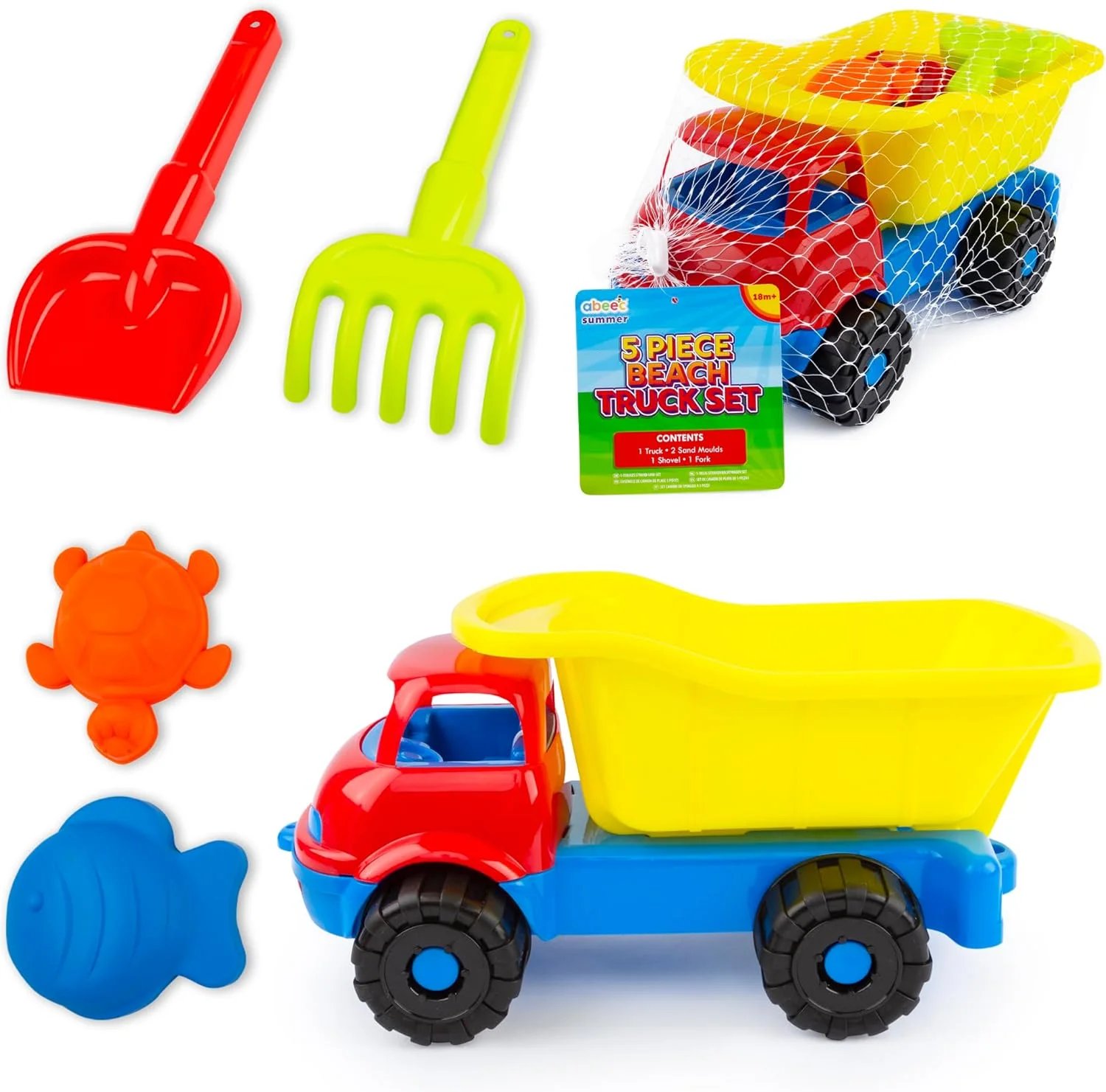 مجموعه اسباب بازی ساحلی کامیون آبعیک - اسباب بازی های بزرگ ساحلی برای کودکان 18 ماه به بالا | کامیون کمپرسی، قالب های شن، بیل و چنگک | مجموعه بازی شن و آب در فضای باز برای کودکان نوپا و کودکان