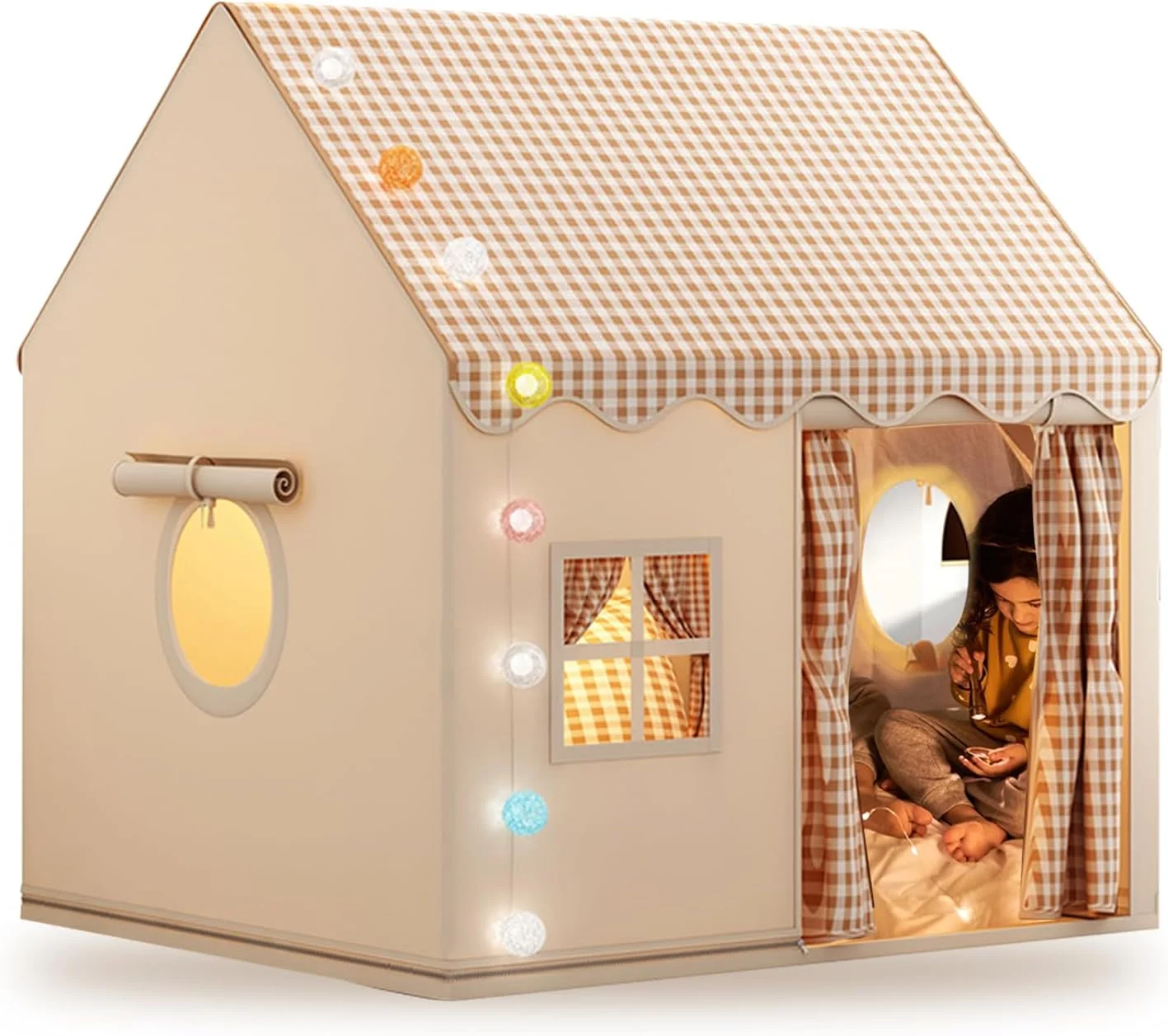 چادر بازی کودک - چادر به همراه چراغ های ستاره ای و پرچم برای پسران و دختران 3 تا 10 ساله، خانه بازی سرپوشیده و فضای باز