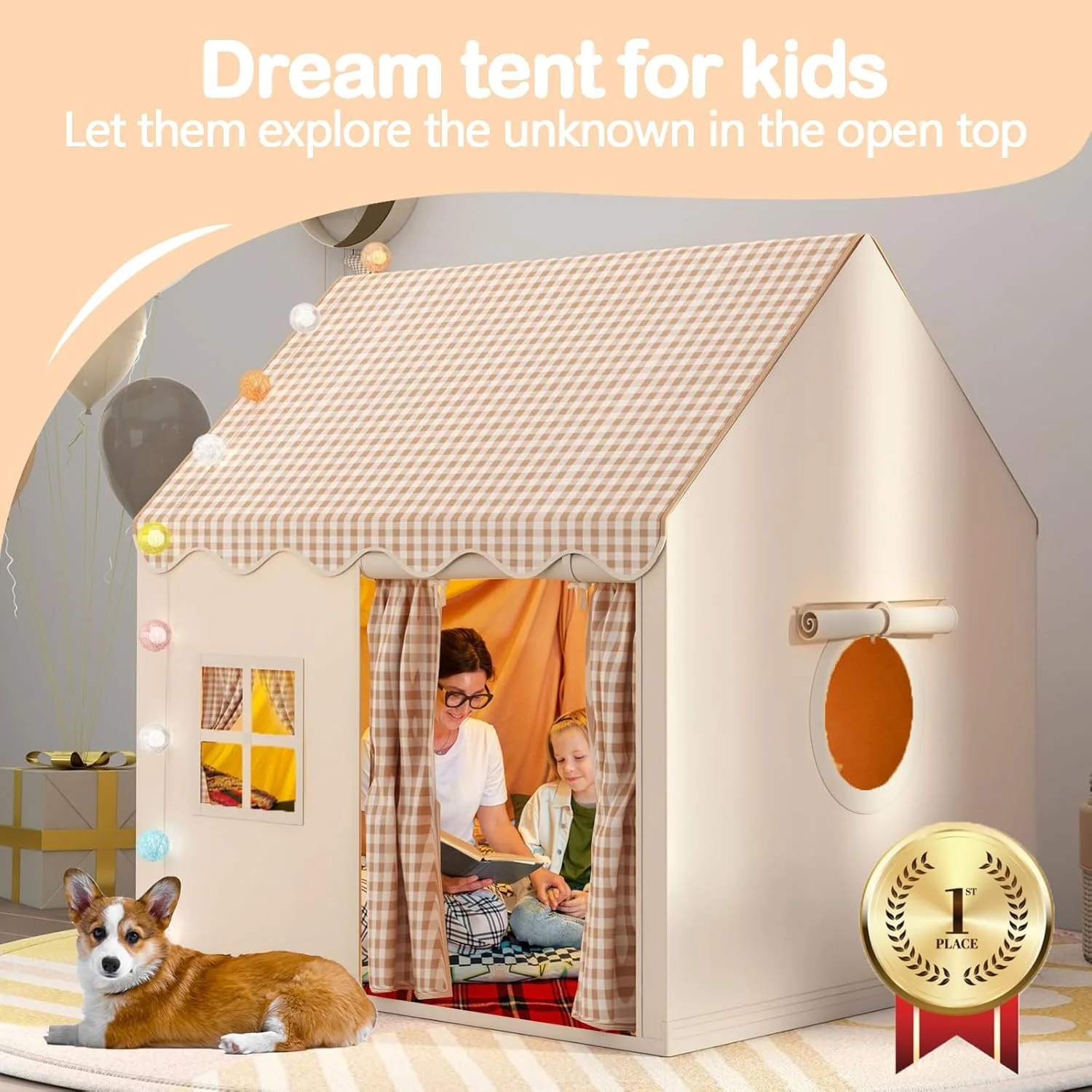 چادر بازی کودک - چادر به همراه چراغ های ستاره ای و پرچم برای پسران و دختران 3 تا 10 ساله، خانه بازی سرپوشیده و فضای باز