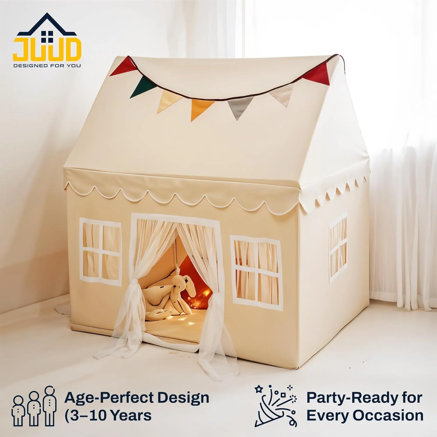 چادر بازی کودک جود، خانه چادری کودک مناسب فضای داخلی به همراه 1 عدد چراغ ستاره ای و 2 عدد بنر رنگارنگ، چادر بازی عالی برای تزئین جشن تولد دختران و پسران 3 تا 10 سال