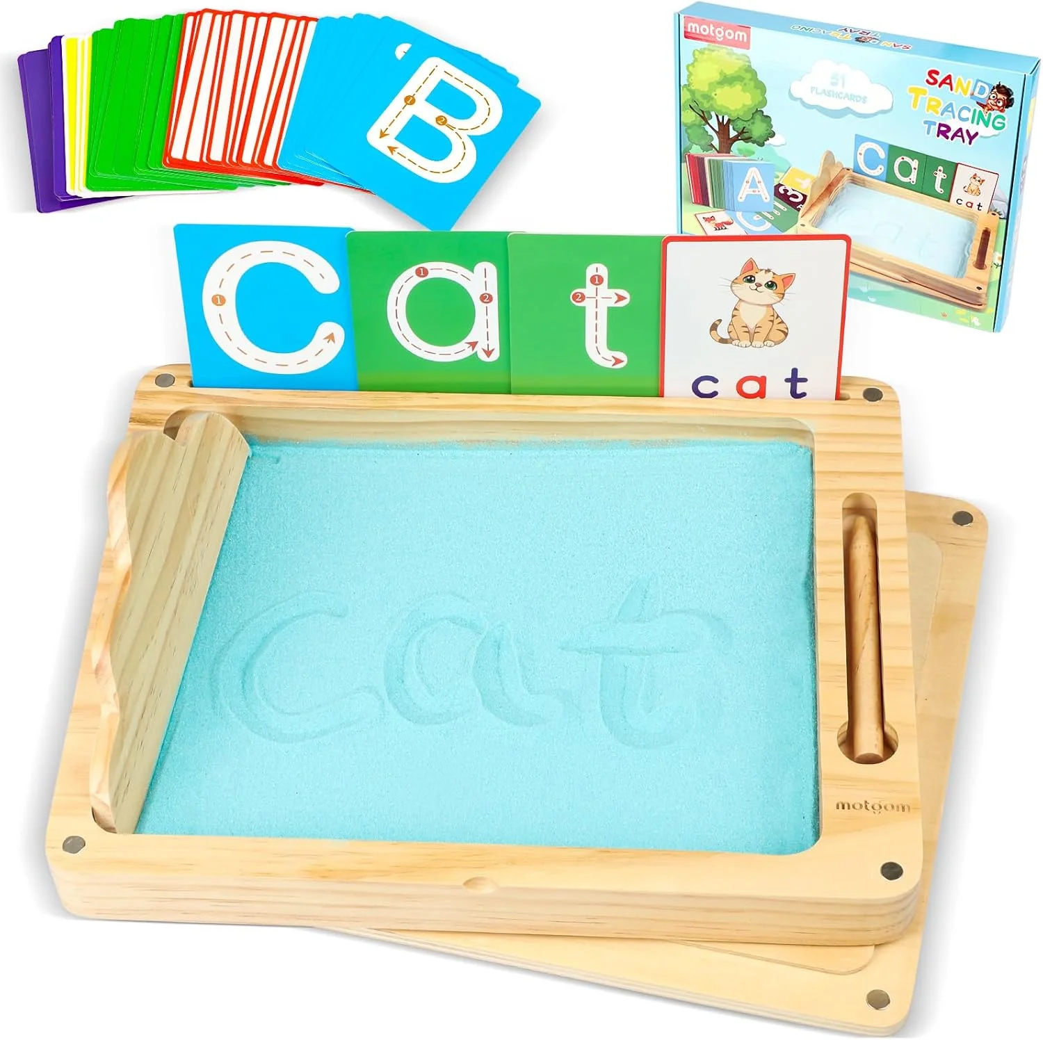 MOTGOM Montessori Sand Tray for Classroom - Wooden Tracing Tray with Lid, Letters, Numbers & CVC Words
