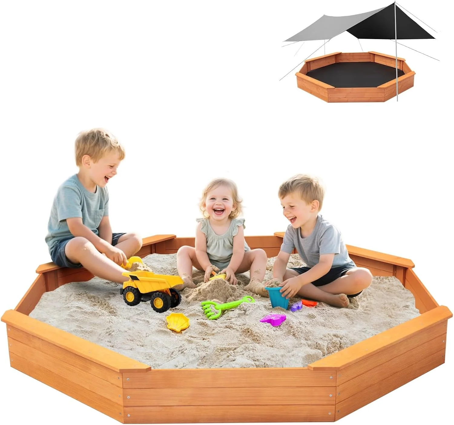 لوییتون سندباکس بزرگ 85"x 77"x 9" جعبه شنی کودکان با درب پوشیده، مجموعه بازی چوبی فضای باز هدیه ای برای حیاط خلوت باغ با مونتاژ آسان