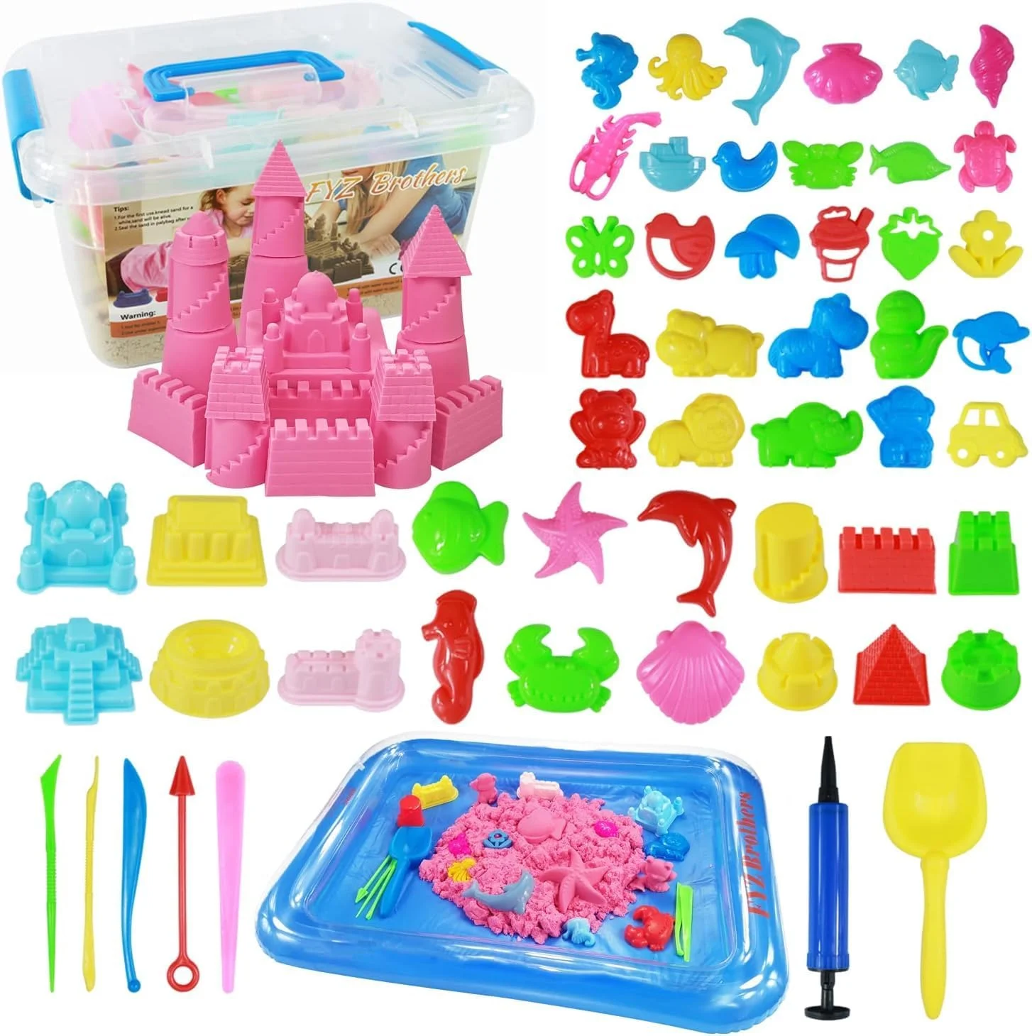 ست شن بازی کودکان YLMKDE - 2 پوند شن جادویی برای فعالیت های کودکان 3 سال به بالا، اسباب بازی های جعبه شنی برای پسران و دختران، اسباب بازی های حسی DIY با سینی بادی و جعبه ذخیره سازی