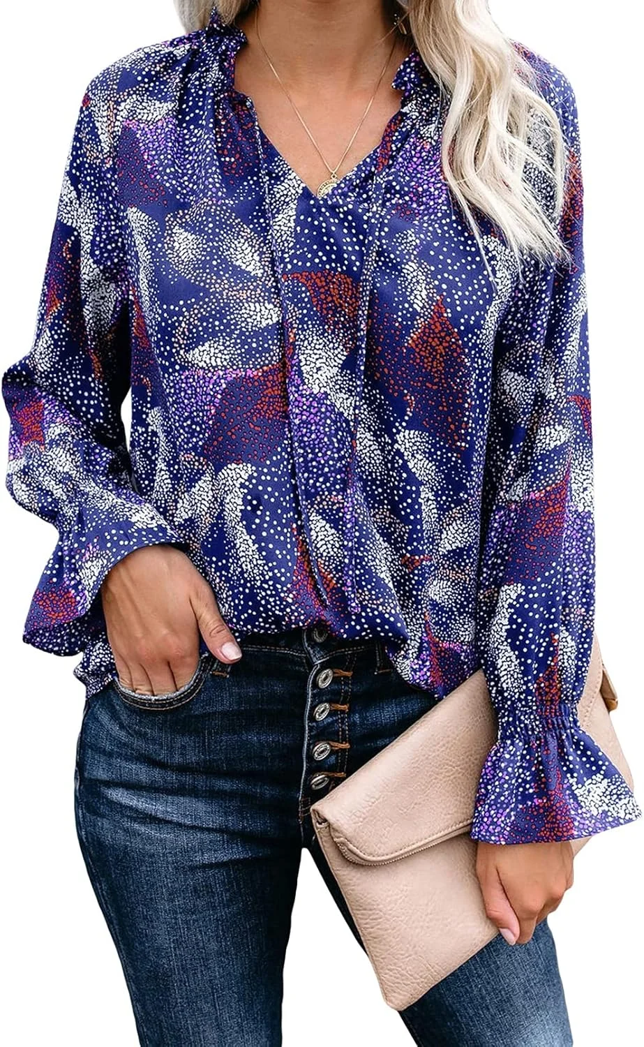 SHEWIN بلوز زنانه طرح گلدار بوهو آستین بلند یقه هفت بند دار دکمه دار SHEWIN بلوز زنانه طرح گلدار بوهو آستین بلند یقه هفت بند دار دکمه دار