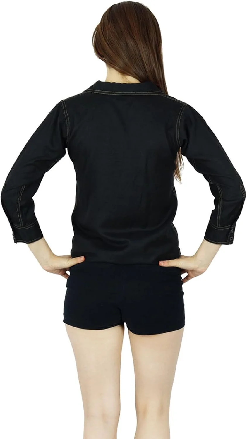 بلوز مشکی زنانه بیମ୍با، پیراهن سفارشی، تاپ غیر رسمی، آستین سه ربع، بلوز دکمه دار رسمی