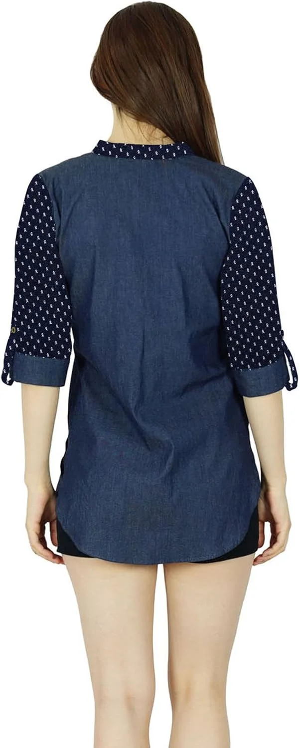 بلوز زنانه بیମ୍با، آبی، سفارشی، تاپ غیر رسمی، آستین سه ربع، دکمه دار، مناسب محیط های رسمی