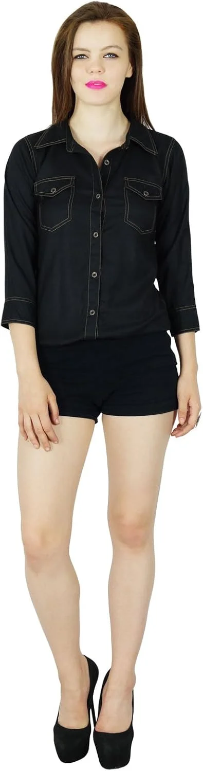 بلوز مشکی زنانه بیମ୍با، پیراهن سفارشی، تاپ غیر رسمی، آستین سه ربع، بلوز دکمه دار رسمی