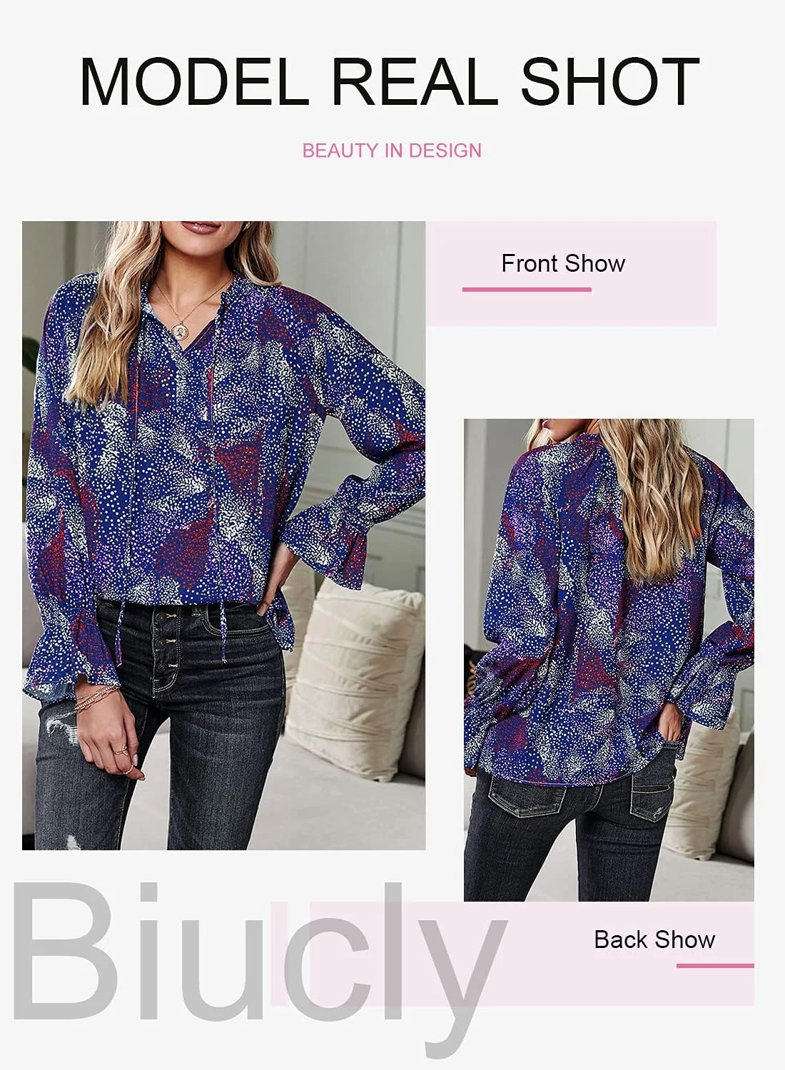 SHEWIN بلوز زنانه طرح گلدار بوهو آستین بلند یقه هفت بند دار دکمه دار