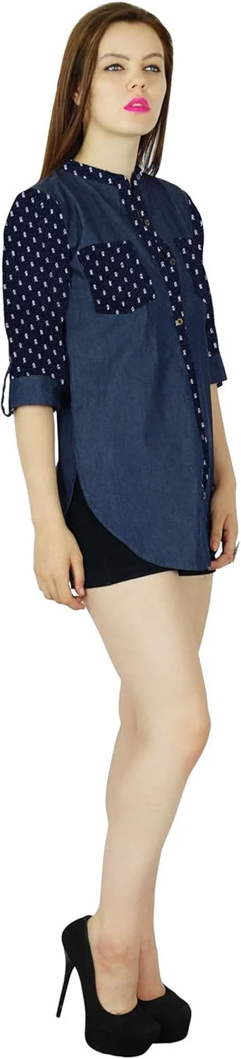 بلوز زنانه آبی رنگ Bimba، پیراهن سفارشی، تاپ جین کژوال، آستین سه ربع، بلوز دکمه دار رسمی