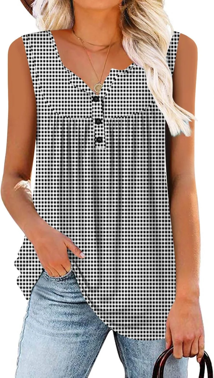 بته بوتیک تونیک زنانه بدون آستین، بلوز دکمه دار یقه هفت، تاپ های رکابی، مدل چین دار و پایه ای غیر رسمی