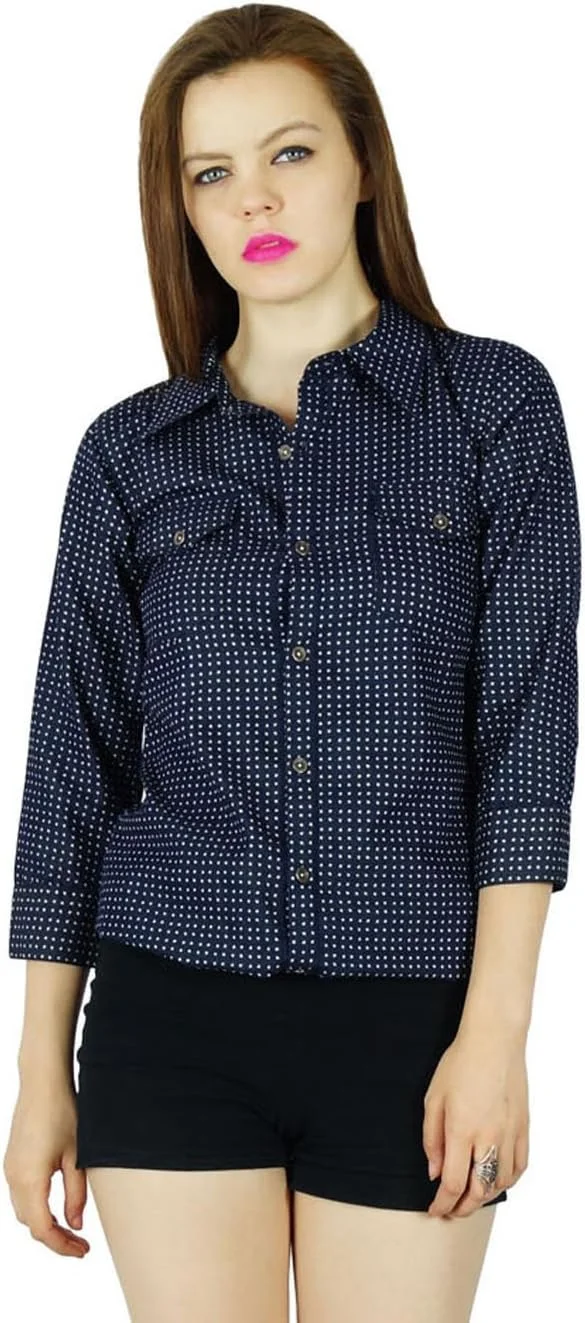 بلوز زنانه بیમ્با، آبی، آستین سه ربع، دکمه دار، مناسب استفاده روزمره و رسمی