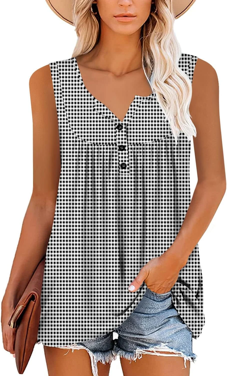 بته بوتیک تونیک زنانه بدون آستین، بلوز دکمه دار یقه هفت، تاپ های رکابی، مدل چین دار و پایه ای غیر رسمی