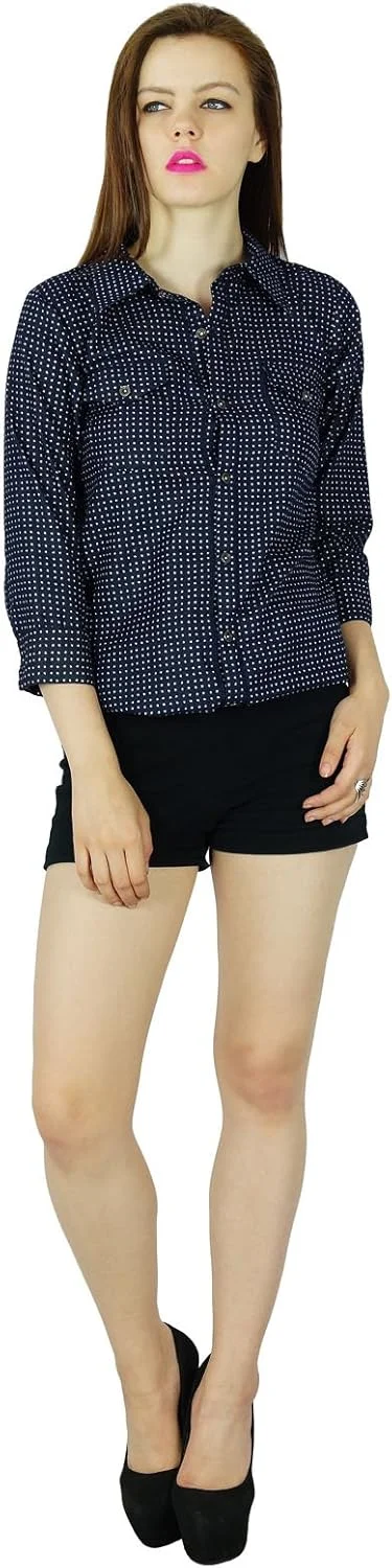 بلوز زنانه بیમ્با، آبی، آستین سه ربع، دکمه دار، مناسب استفاده روزمره و رسمی