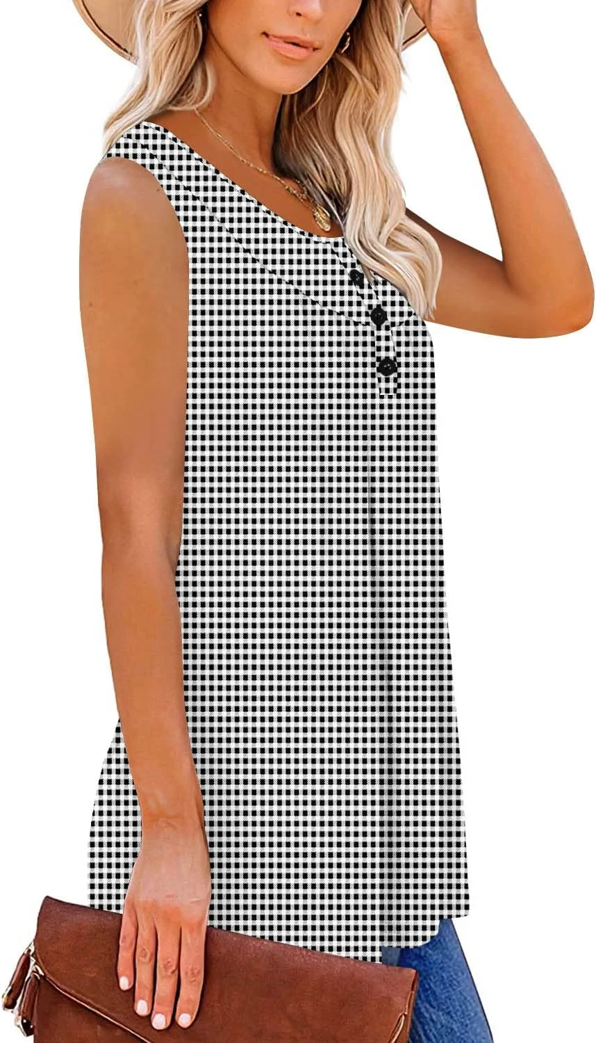 بته بوتیک تونیک زنانه بدون آستین، بلوز دکمه دار یقه هفت، تاپ های رکابی، مدل چین دار و پایه ای غیر رسمی