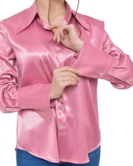 BF Moda پیراهن زنانه لوکس ساتن ابریشمی دکمه دار آستین بلند مناسب محیط کار بلوزهای باریک تاپ های ساتن غیر رسمی، صورتی، XS