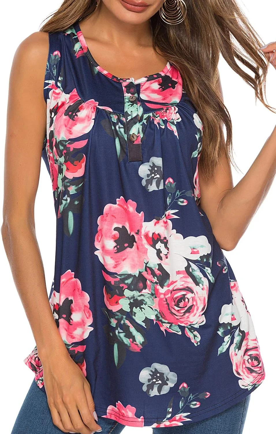 تی شرت زنانه Bequemer Laden، تاپ تابستانی، بلوز دکمه دار، تی شرت آستین کوتاه ساده، بلوز غیر رسمی، تاپ تونیک طرح گل سرمه ای، سایز S