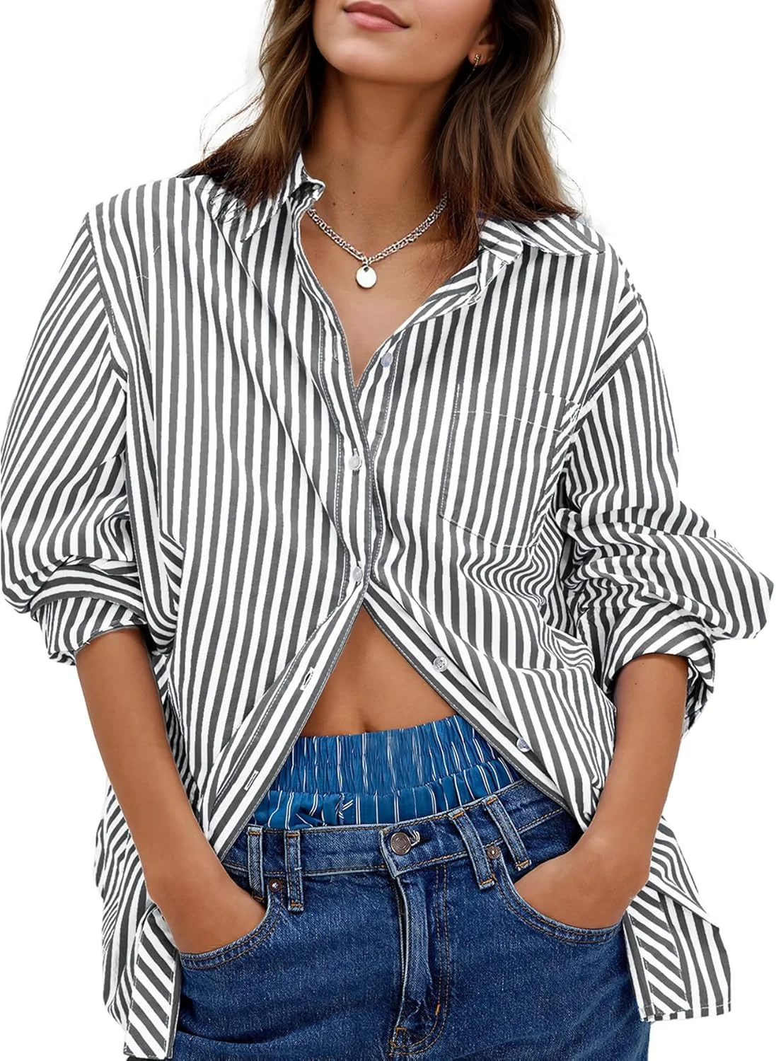 بلوز زنانه دکمه دار Besshopie، راه راه، آستین بلند، مناسب کار، اداره و استایل کژوال، تاپ سایز بزرگ