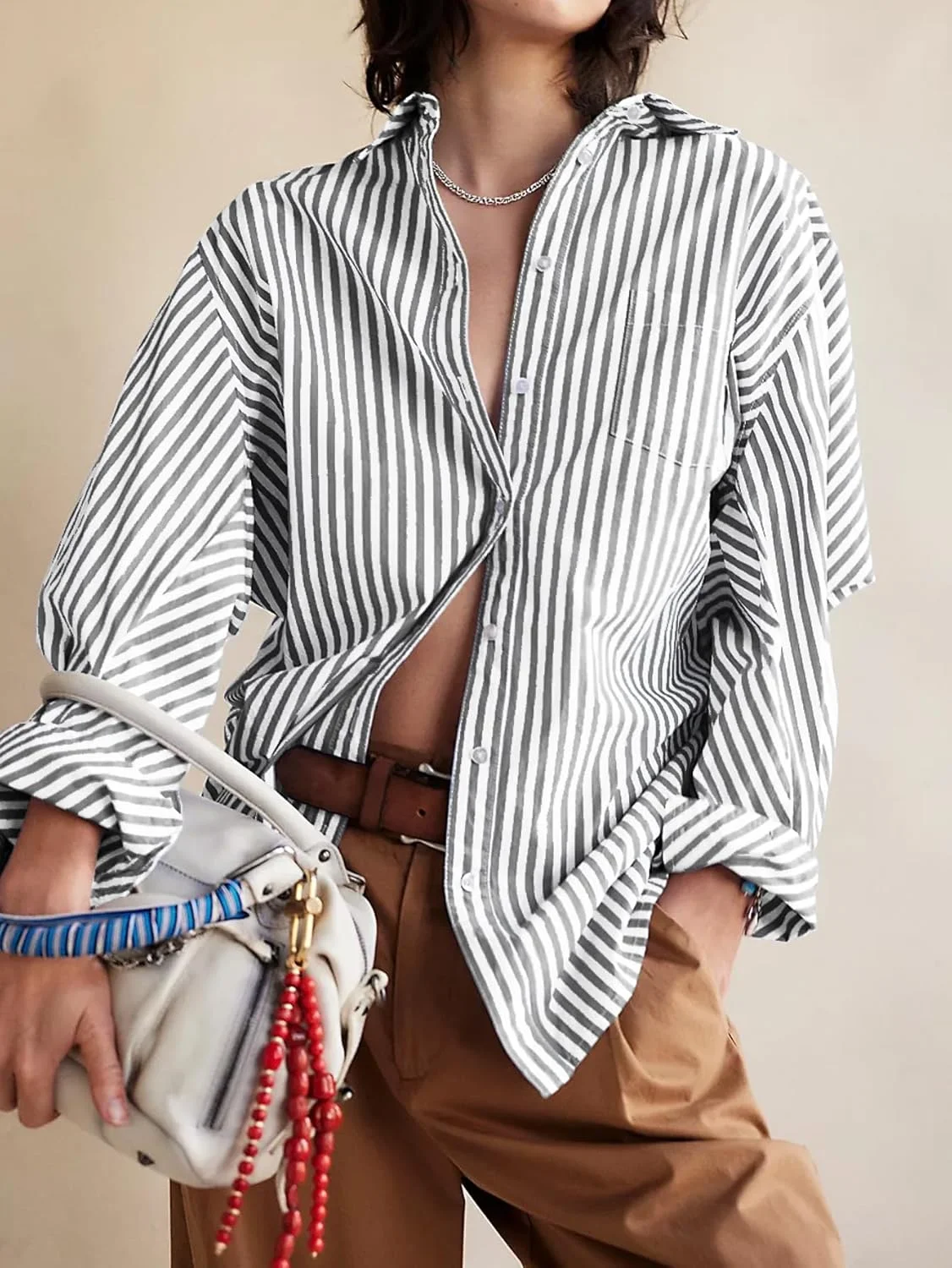 بلوز زنانه دکمه دار Besshopie، راه راه، آستین بلند، مناسب کار، اداره و استایل کژوال، تاپ سایز بزرگ