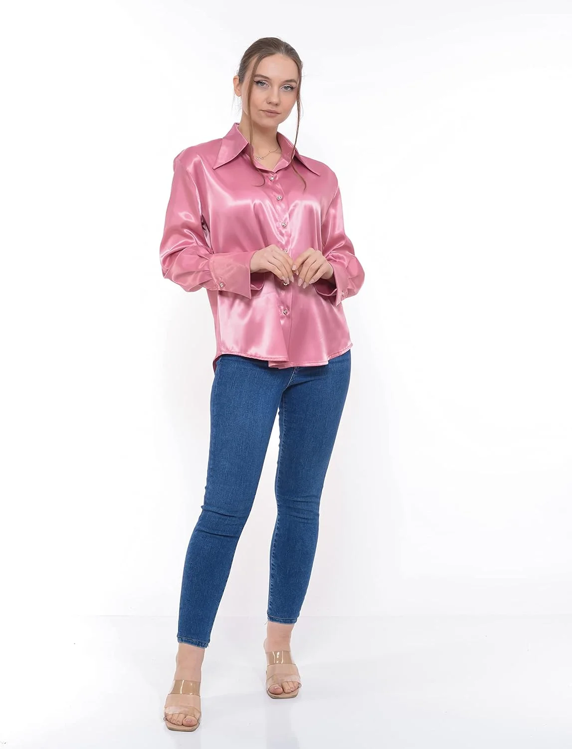 BF Moda پیراهن زنانه لوکس ساتن ابریشمی دکمه دار آستین بلند مناسب محیط کار بلوزهای باریک تاپ های ساتن غیر رسمی، صورتی، XS