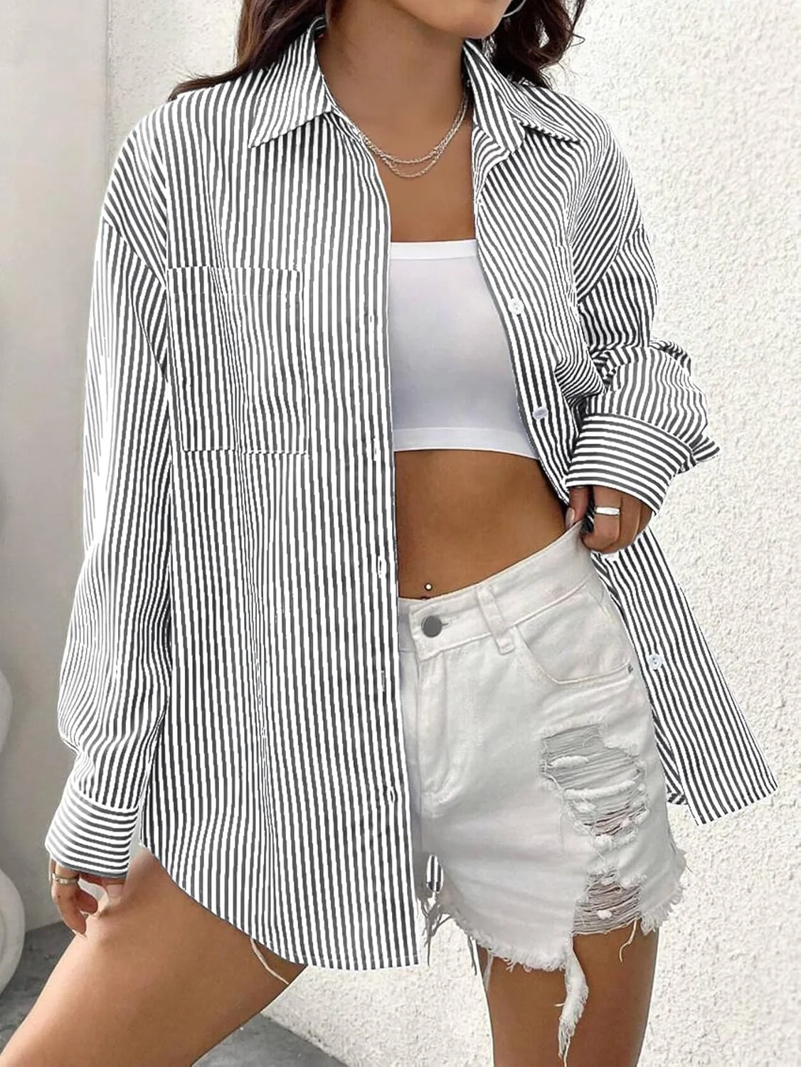 بلوز زنانه دکمه دار Besshopie، راه راه، آستین بلند، مناسب کار، اداره و استایل کژوال، تاپ سایز بزرگ