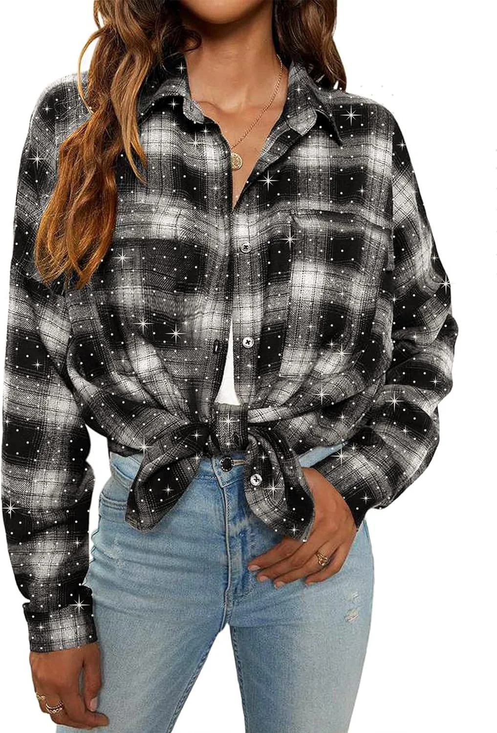 بلوز زنانه Blooming Jelly طرح چهارخانه دکمه دار آستین بلند، شاکت فلانل، مناسب استایل اداری و روزمره به همراه جیب