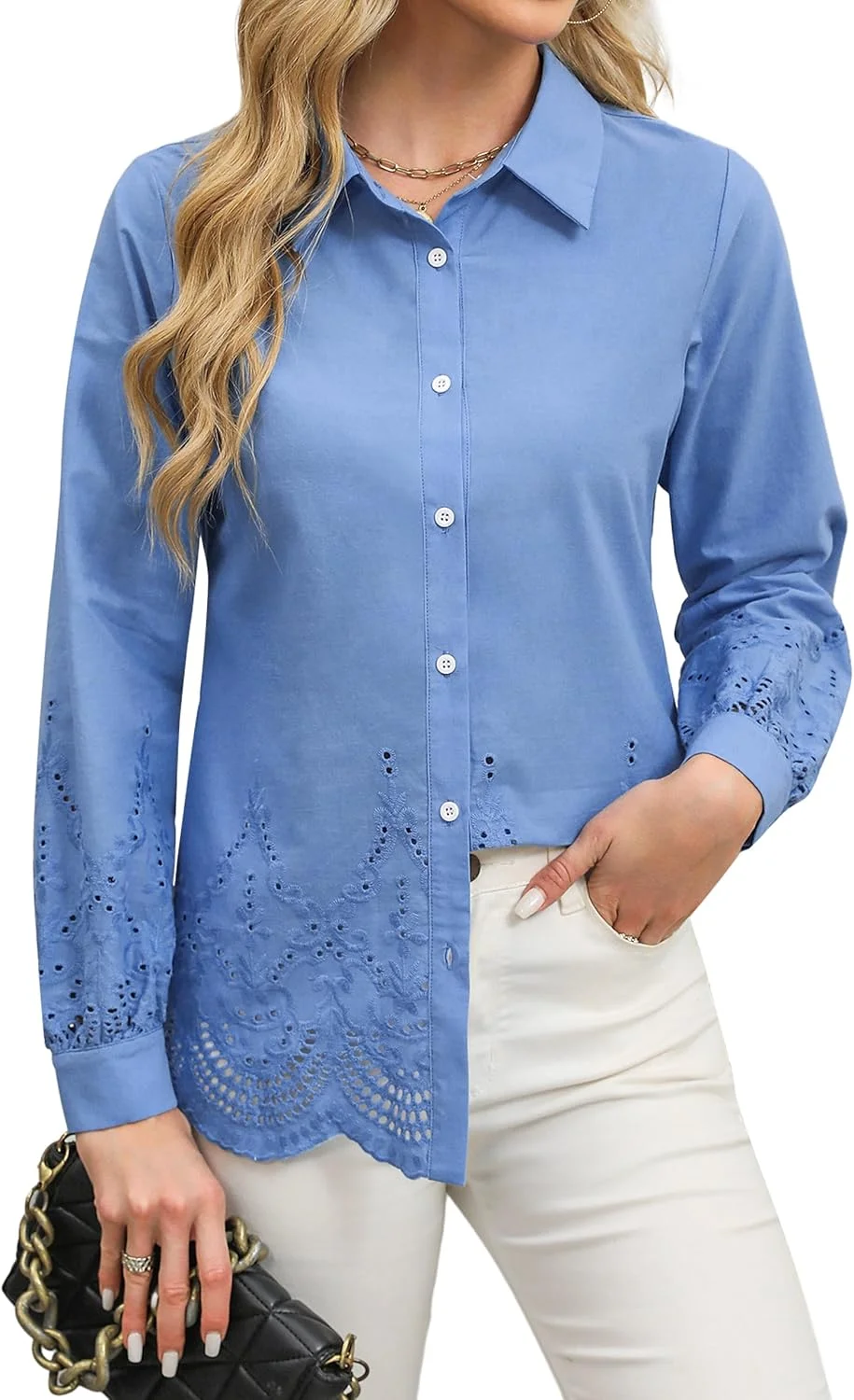 بلوز زنانه Blooming Jelly، آستین بلند دکمه دار، یقه دار و گلدوزی شده، مناسب استایل کژوال و رسمی، مدل های پاییز 2024