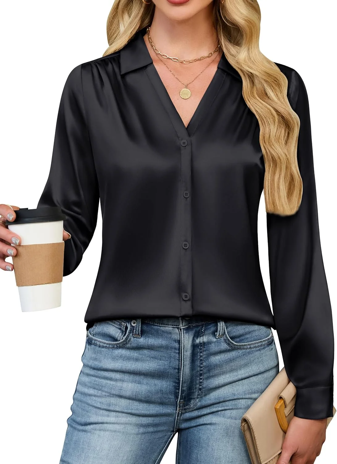 بلوز زنانه ساتن دکمه دار Blooming Jelly، مناسب کار، مجلسی و غیر رسمی، یقه پیراهن، آستین بلند، مدل 2025