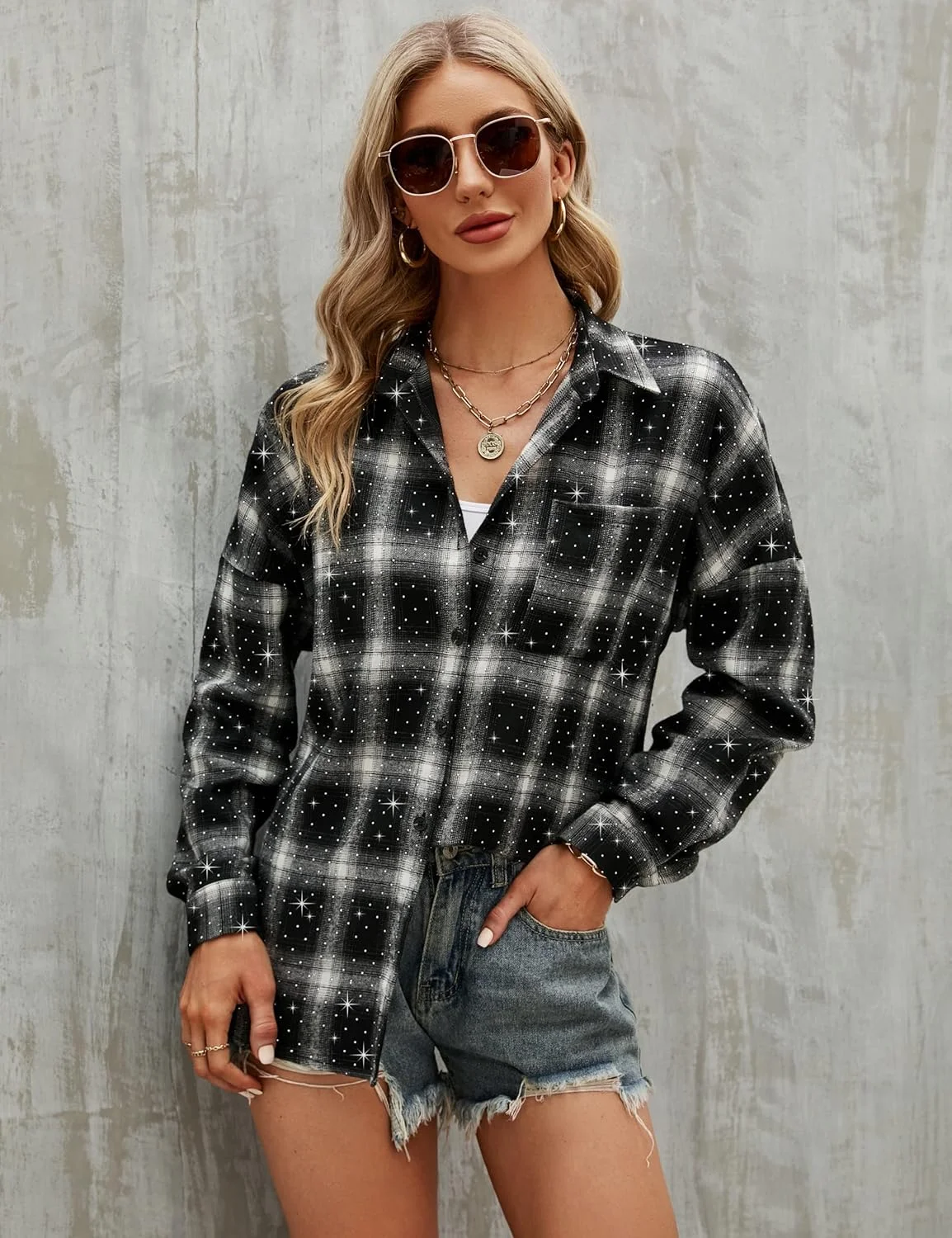 بلوز زنانه Blooming Jelly طرح چهارخانه دکمه دار آستین بلند، شاکت فلانل، مناسب استایل اداری و روزمره به همراه جیب