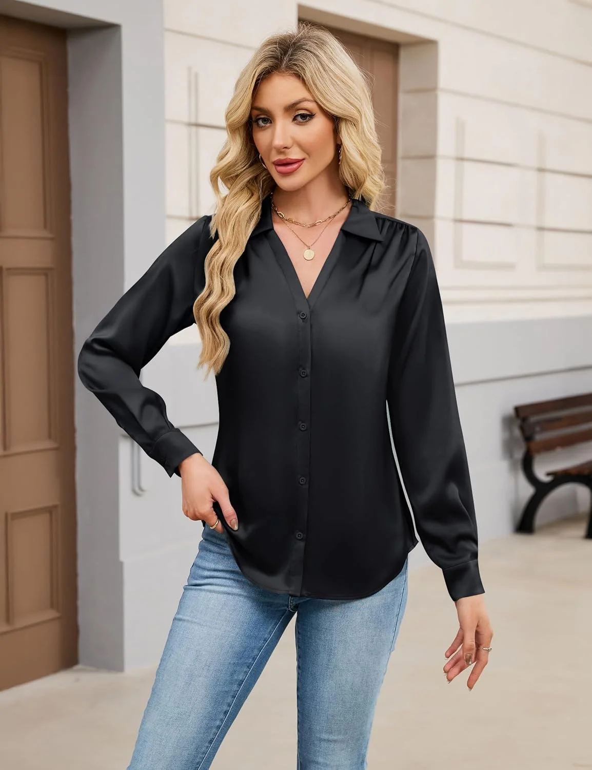 بلوز زنانه ساتن دکمه دار Blooming Jelly، مناسب کار، مجلسی و غیر رسمی، یقه پیراهن، آستین بلند، مدل 2025