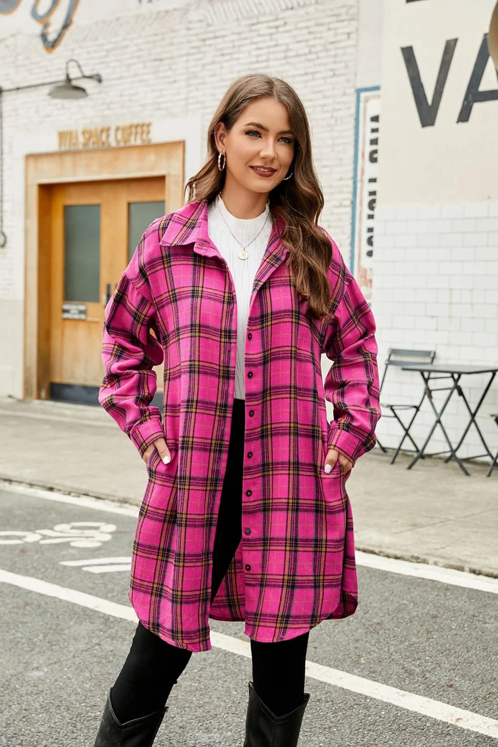 پیراهن های فلانل دکمه دار زنانه Blooming Jelly، شکت چهارخانه، ژاکت بلند آستین بلند یقه دار (متوسط، چهارخانه صورتی داغ)، چهارخانه صورتی داغ، M