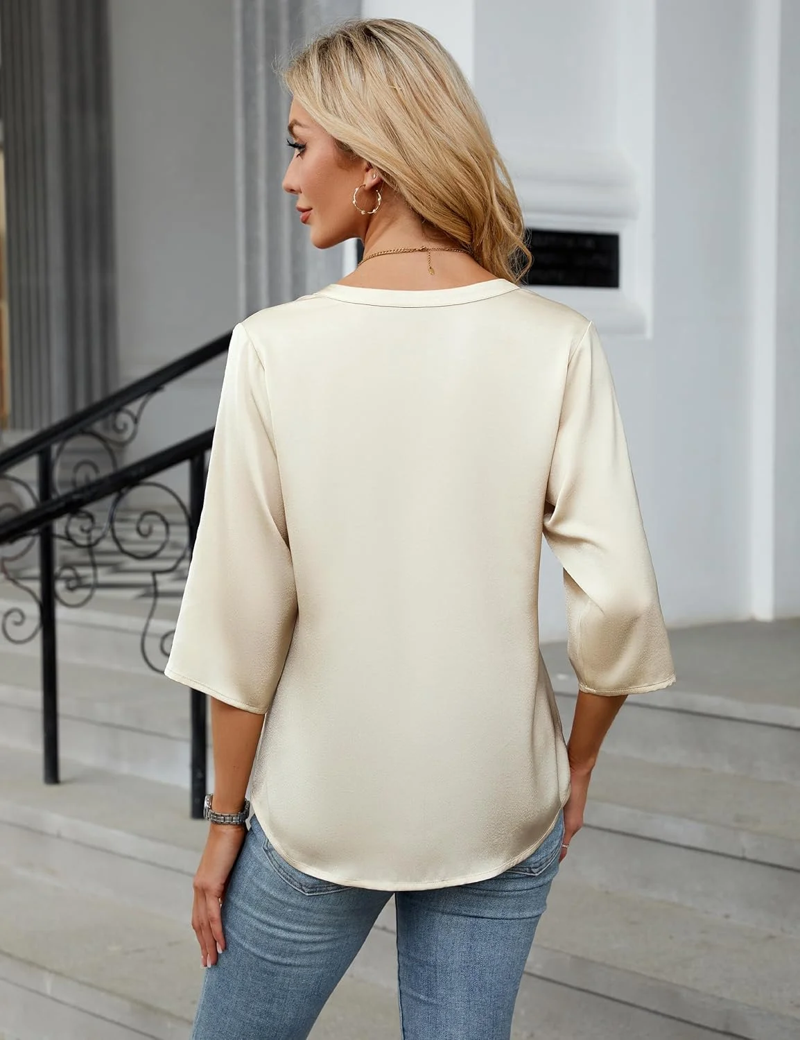 بلوز زنانه دکمه دار Blooming Jelly، آستین سه ربع، تاپ های شیک و غیر رسمی، بلوزهای پلیسه دار ساتن ابریشمی مناسب کار 2025