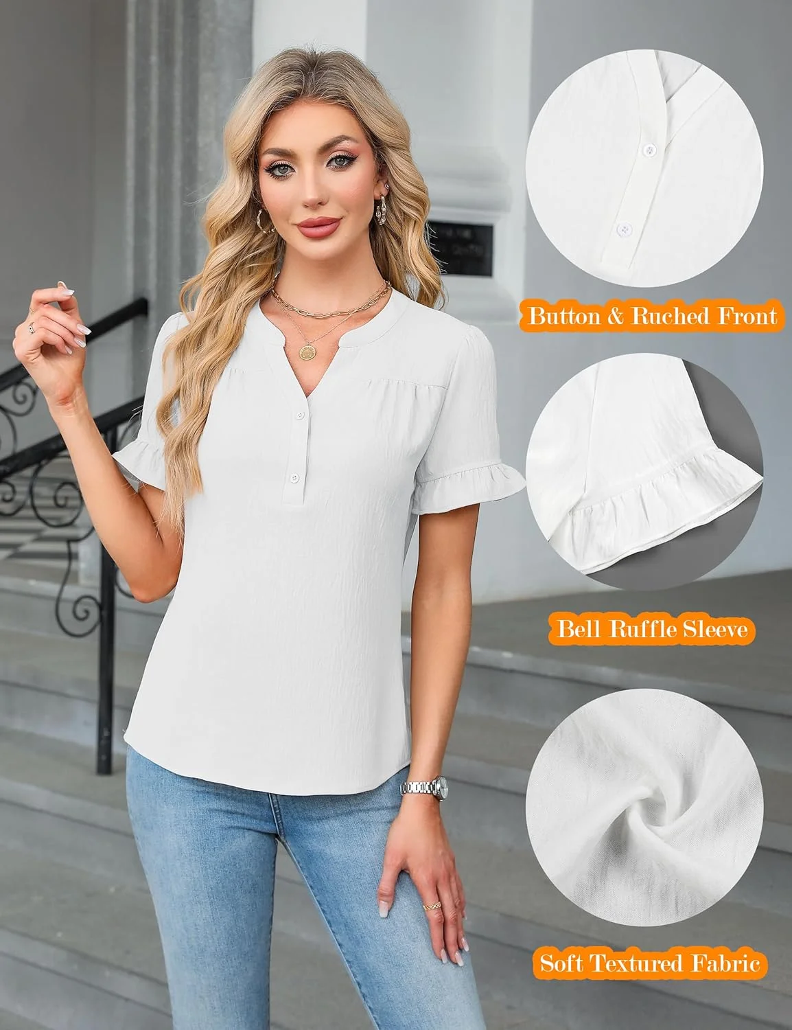 بلوز زنانه Blooming Jelly، مناسب استایل نیمه رسمی و محیط کار، آستین کوتاه ناقوسی و دکمه دار، مناسب تابستان 2025