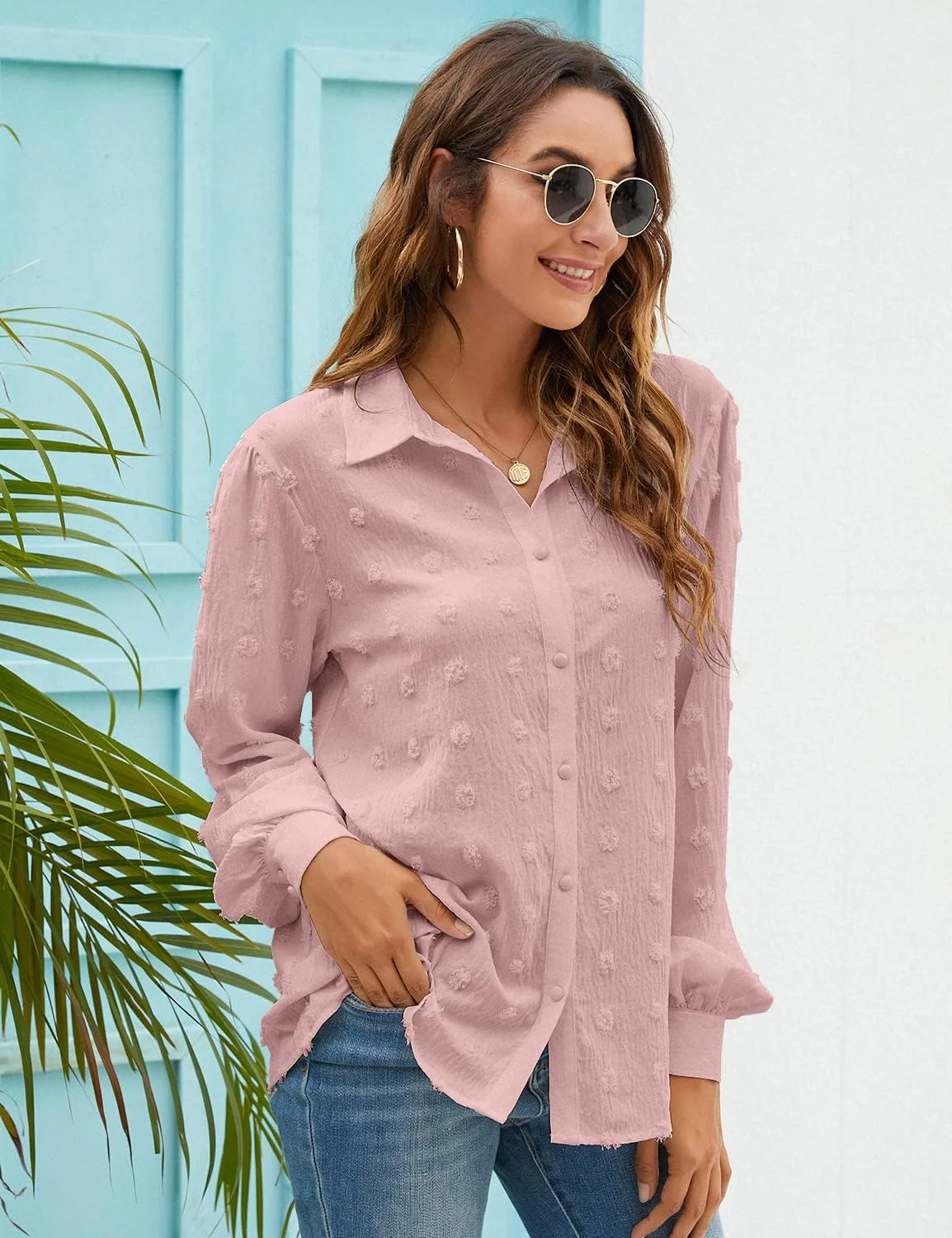 بلوز زنانه Blooming Jelly، دکمه دار، آستین بلند، یقه دار، مناسب کار، رنگ صورتی، سایز S