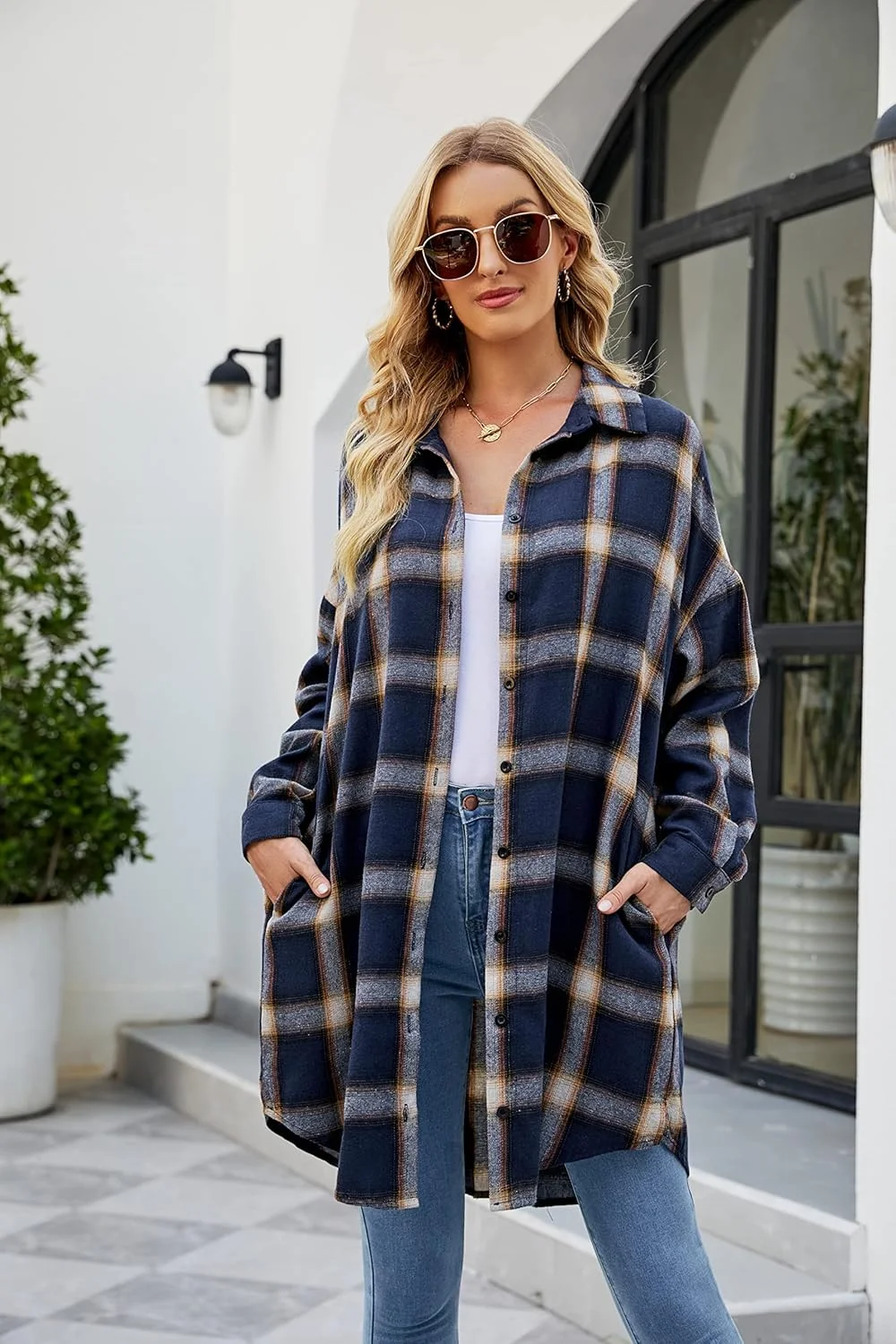 بلوز زنانه Blooming Jelly دکمه دار، پیراهن فلانل، شکت چهارخانه، آستین بلند، یقه دار، کت بلند