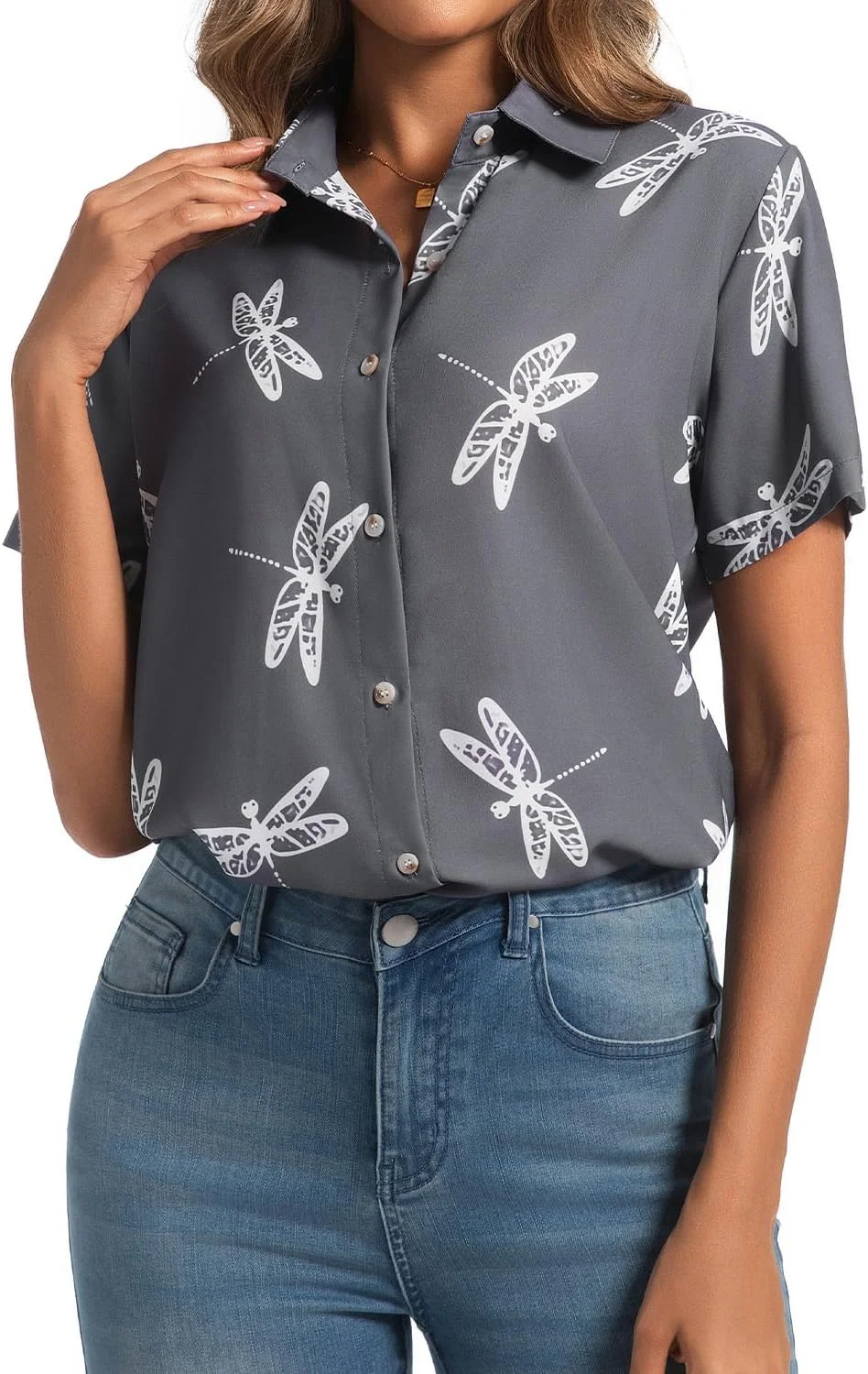 شومیز دکمه دار زنانه Chicwave، آستین کوتاه، لینن تابستانی، یقه هفت، طرح گلدار هاوایی، بلوز کژوال گربه