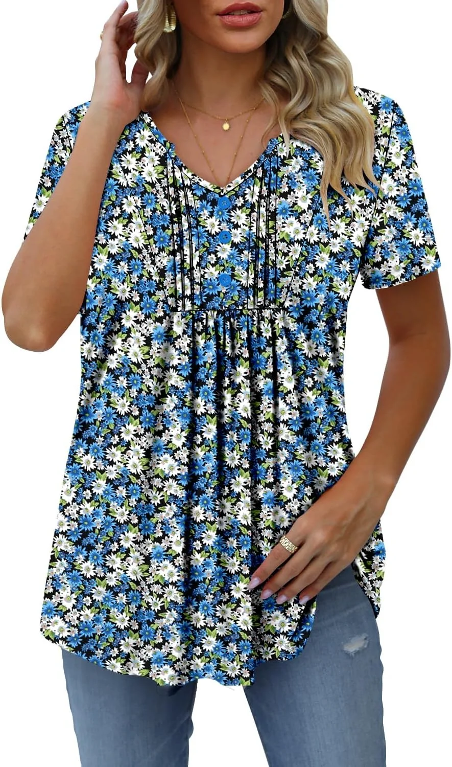 تونیک زنانه شیک زون، یقه هفت، پلیسه دار، دکمه دار، آستین کوتاه، مناسب برای لگینگ