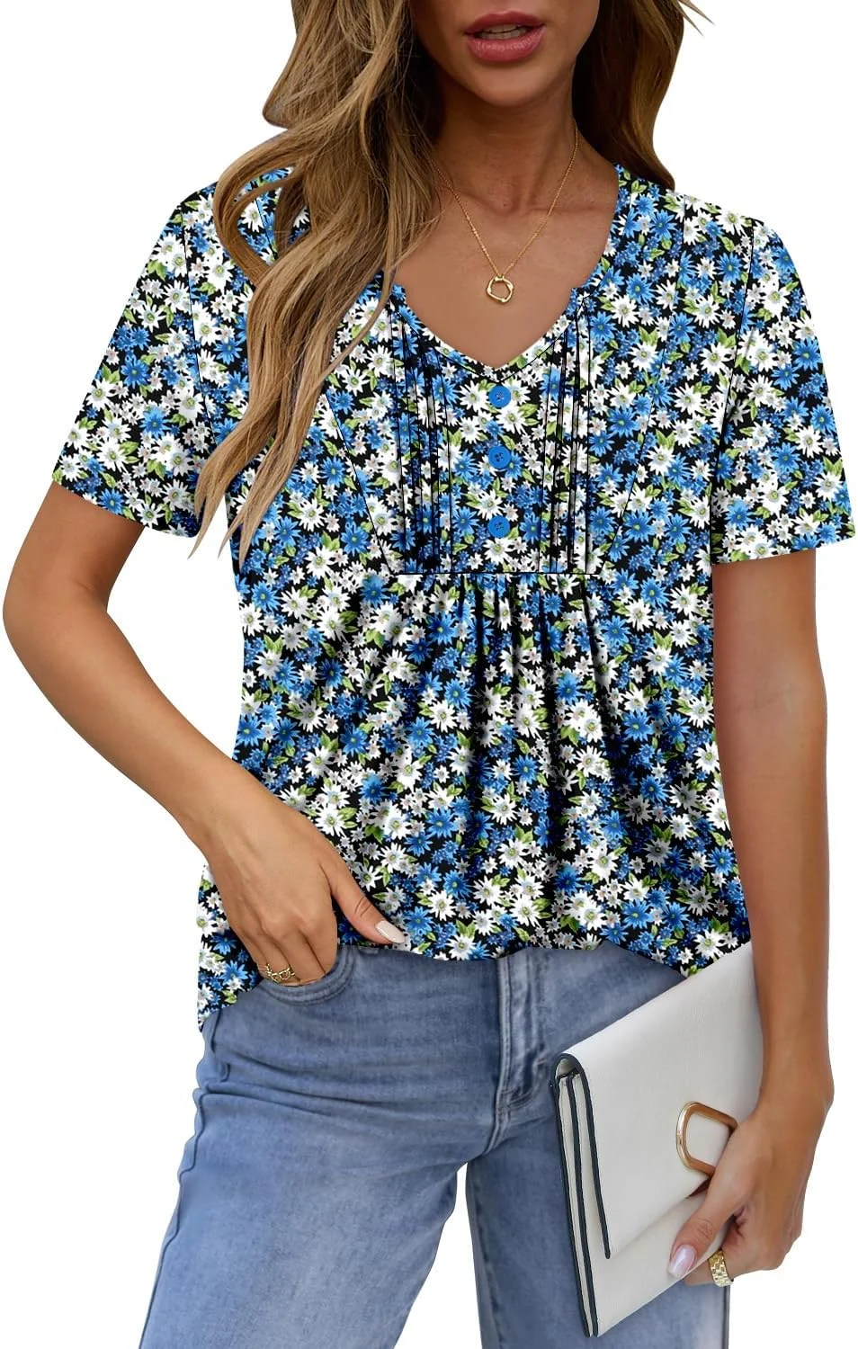 تونیک زنانه شیک زون، یقه هفت، پلیسه دار، دکمه دار، آستین کوتاه، مناسب برای لگینگ تونیک زنانه شیک زون، یقه هفت، پلیسه دار، دکمه دار، آستین کوتاه، مناسب برای لگینگ