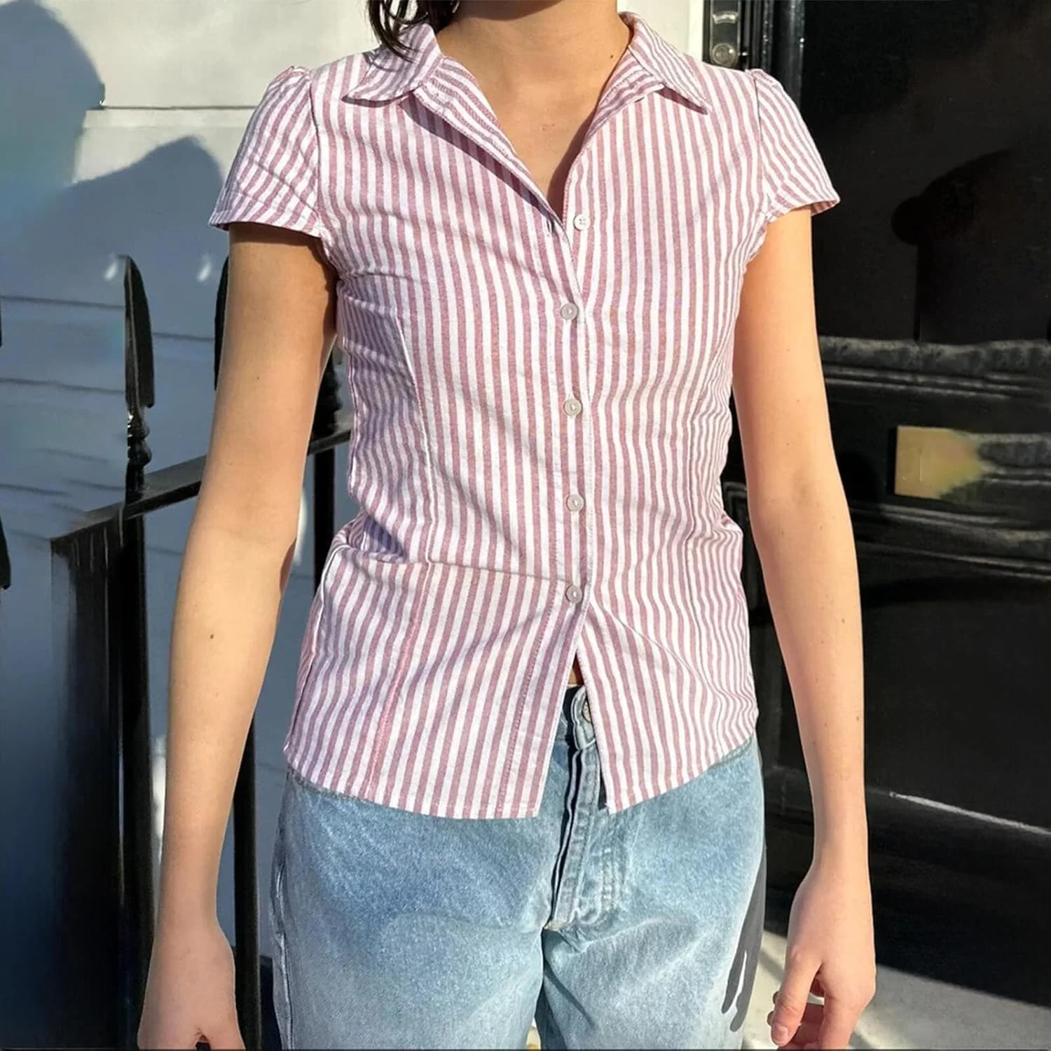 بلوز تونیک چهارخانه زنانه CheJooe، دکمه دار، یقه هفت، آستین کوتاه، طرح جذب و رنگ ثابت، مناسب استایل Y2k تابستانی