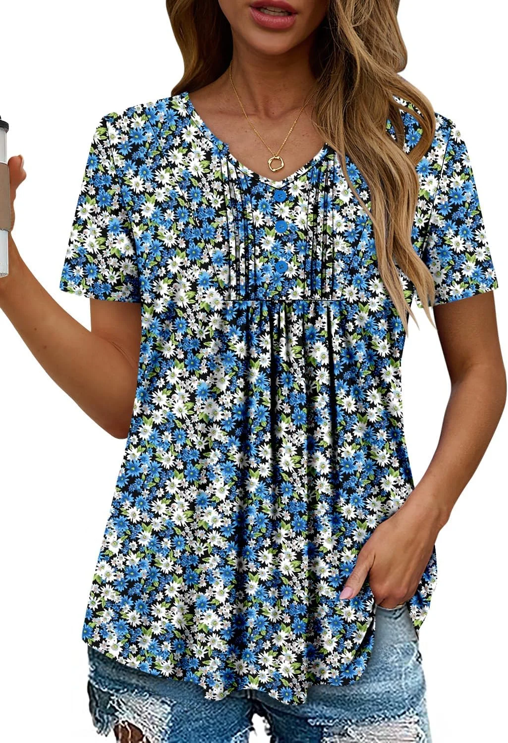 تونیک زنانه شیک زون، یقه هفت، پلیسه دار، دکمه دار، آستین کوتاه، مناسب برای لگینگ تونیک زنانه شیک زون، یقه هفت، پلیسه دار، دکمه دار، آستین کوتاه، مناسب برای لگینگ