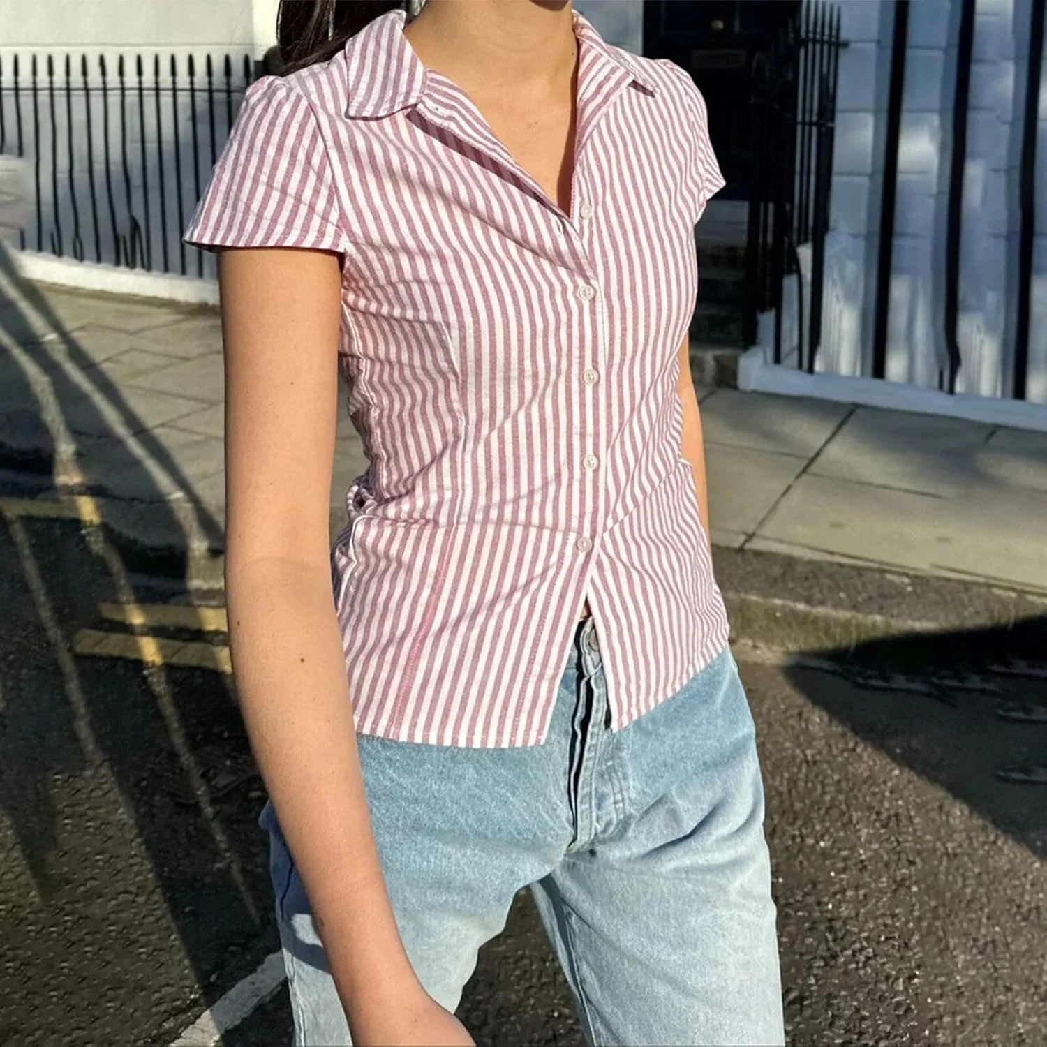 بلوز تونیک چهارخانه زنانه CheJooe، دکمه دار، یقه هفت، آستین کوتاه، طرح جذب و رنگ ثابت، مناسب استایل Y2k تابستانی