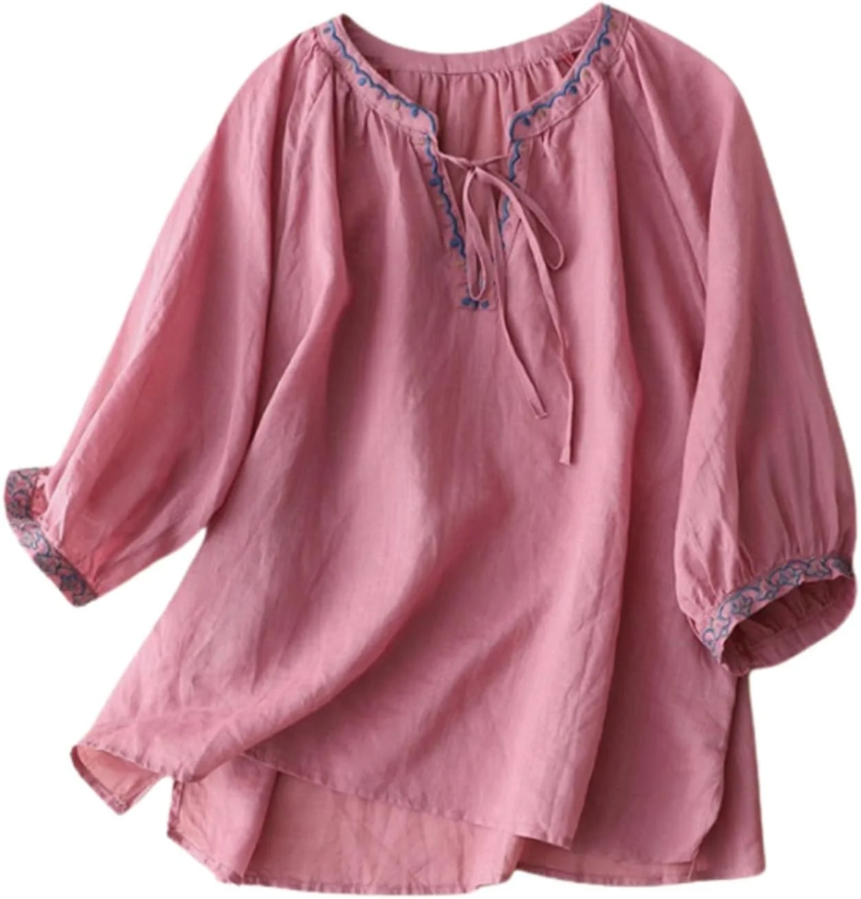 تی شرت زنانه پنبه ای و کتان گلدوزی شده وینتیج، تاپ گشاد و راحت، تاپ های سایز بزرگ زنانه