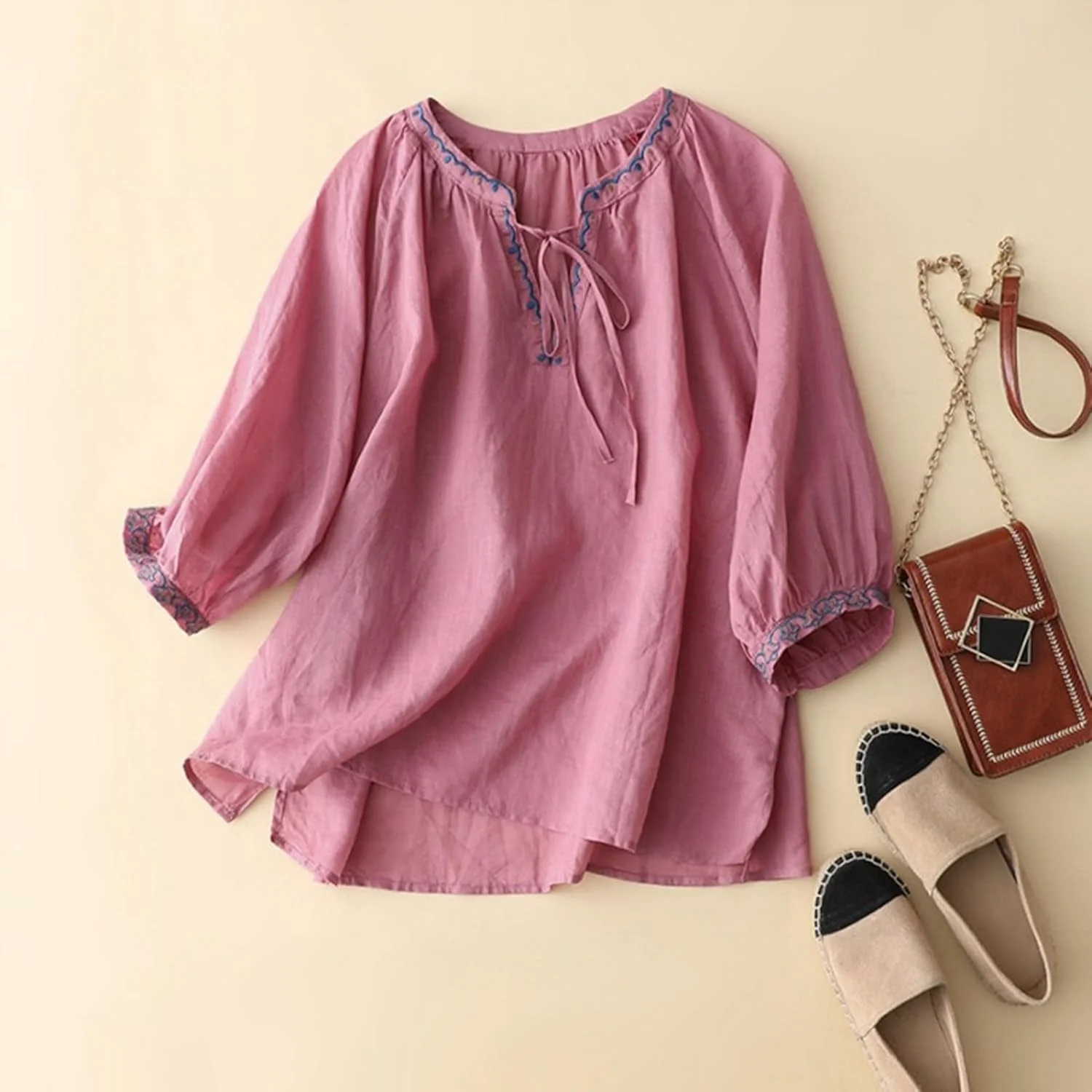 تی شرت زنانه پنبه ای و کتان گلدوزی شده وینتیج، تاپ گشاد و راحت، تاپ های سایز بزرگ زنانه