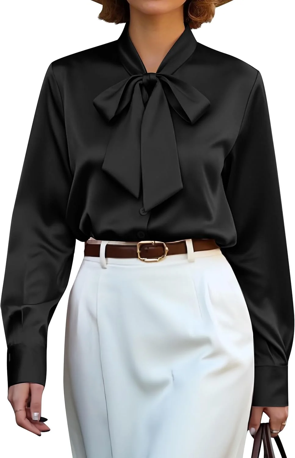 بلوز زنانه CBOO با یقه پاپیونی، دکمه دار، ابریشمی، آستین بلند، بلوز ساتن ظریف، تاپ های شیک و رسمی مناسب محیط کار