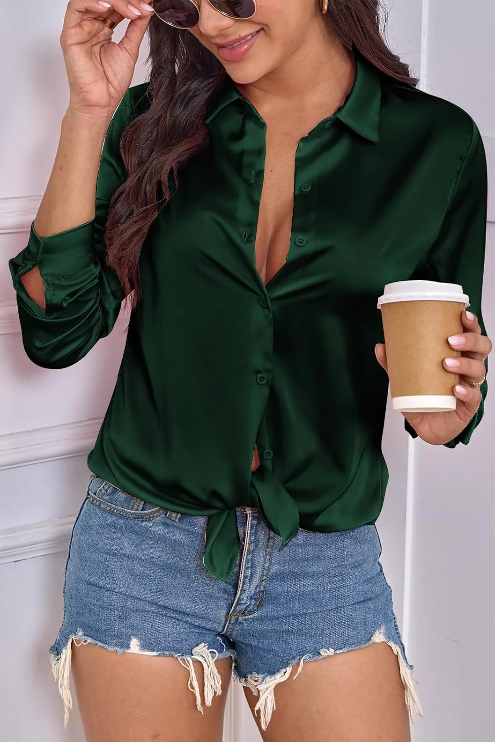 بلوز دکمه دار زنانه CBOO، ابریشمی ساتن نرم و لطیف، آستین بلند، مناسب کار، اداره و استفاده روزمره بلوز دکمه دار زنانه CBOO، ابریشمی ساتن نرم و لطیف، آستین بلند، مناسب کار، اداره و استفاده روزمره