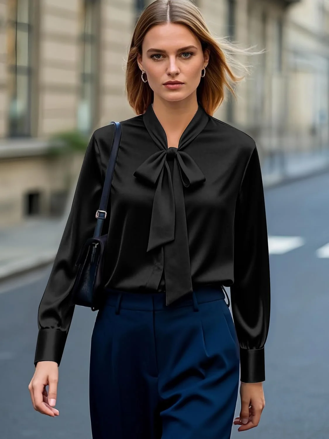 بلوز زنانه CBOO با یقه پاپیونی، دکمه دار، ابریشمی، آستین بلند، بلوز ساتن ظریف، تاپ های شیک و رسمی مناسب محیط کار