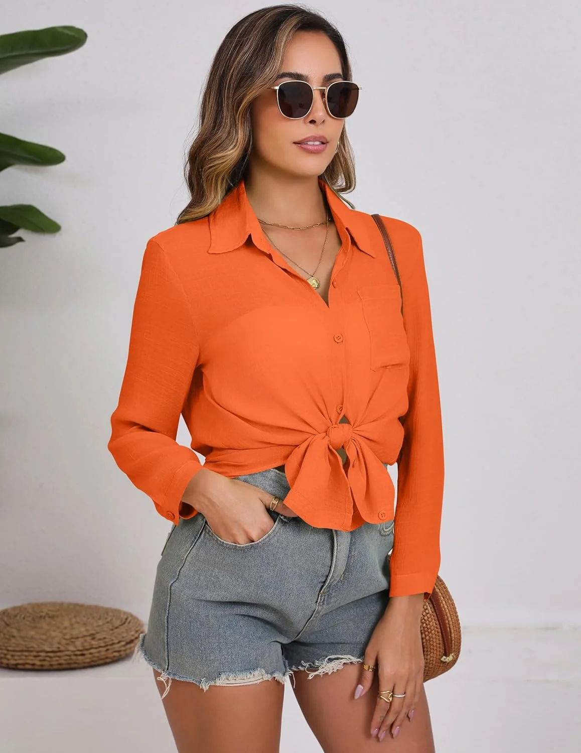 بلوز ساحلی زنانه آستین بلند دکمه دار گره ای سبک