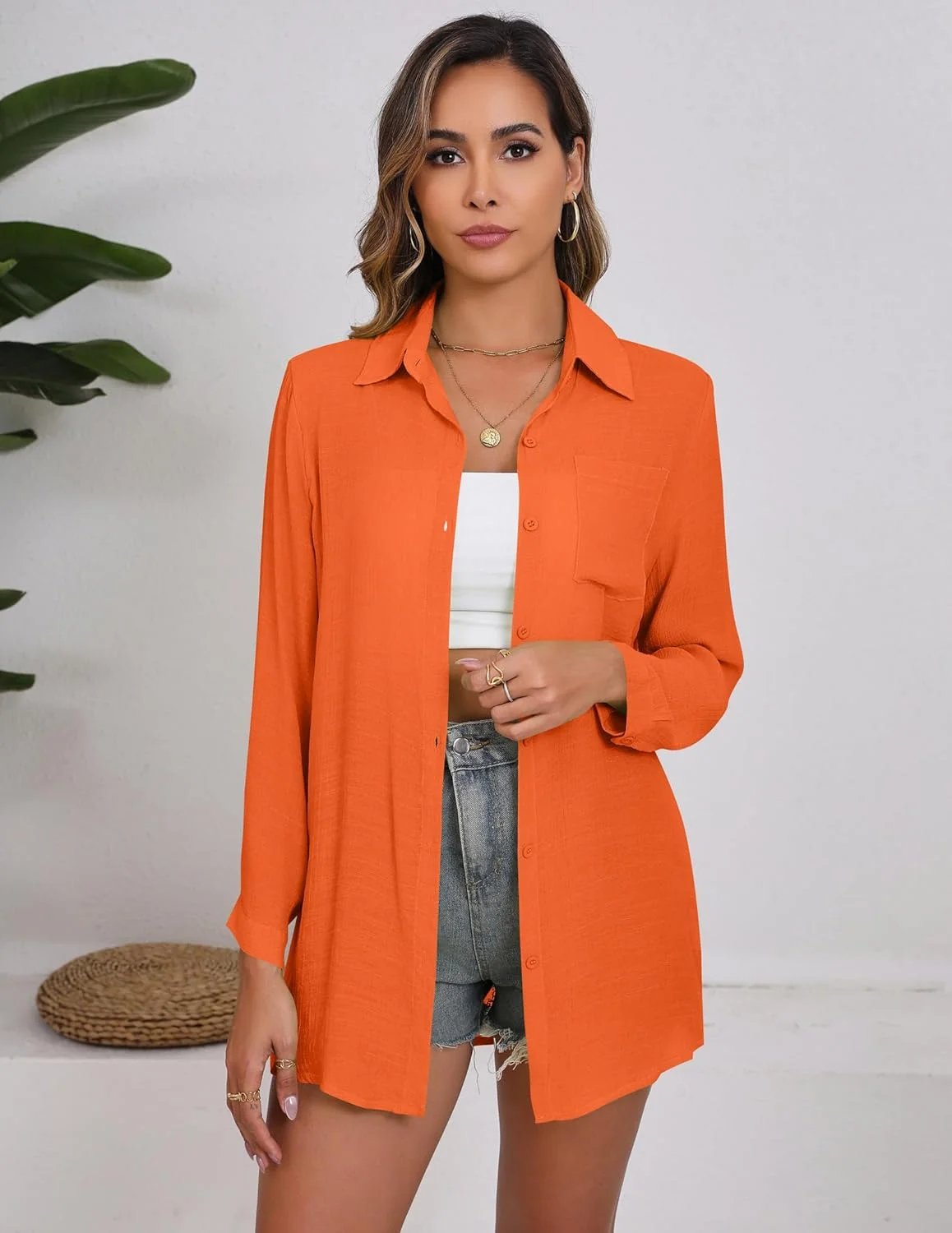 بلوز ساحلی زنانه آستین بلند دکمه دار گره ای سبک